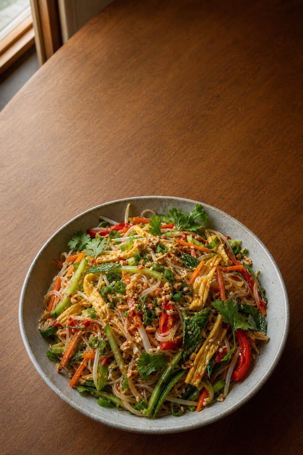 Rice noodle salad with hot chili oil in a bowl
