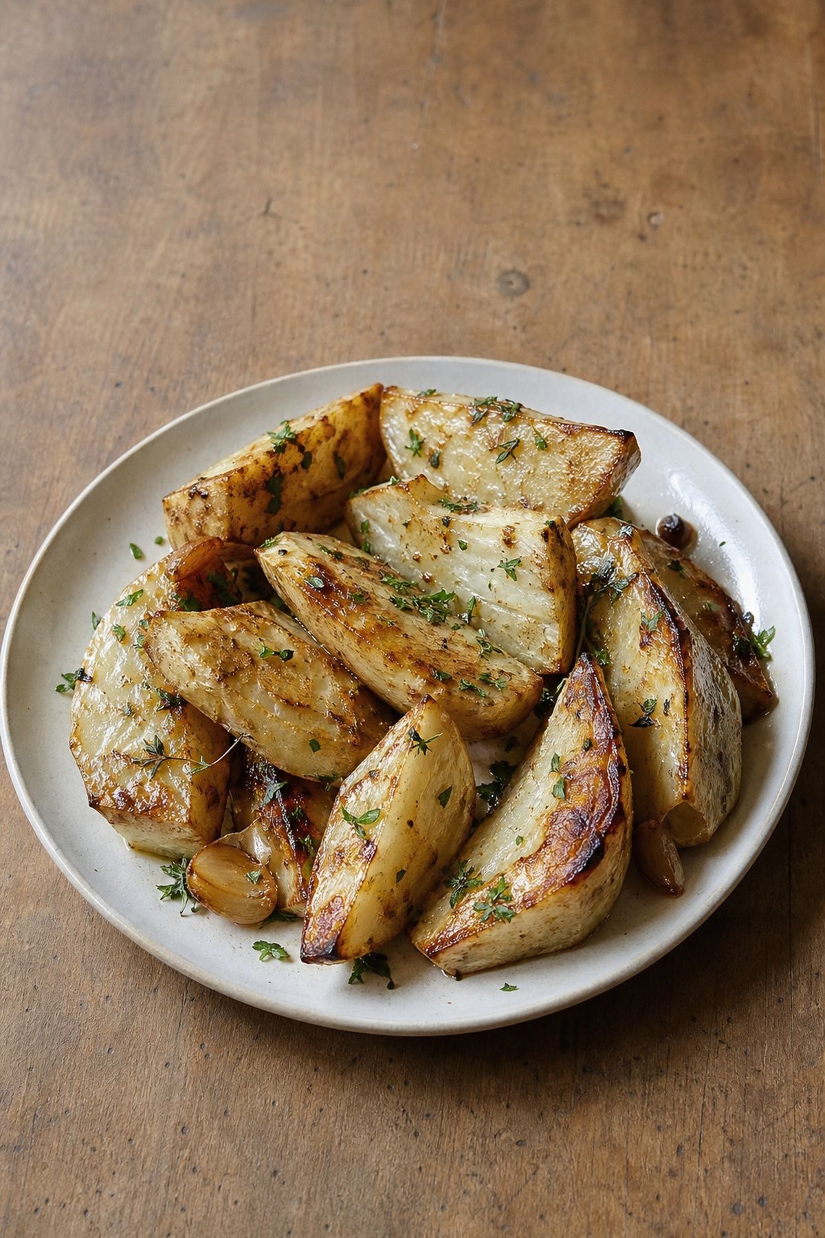 Roast Celeriac With Caramelized Edges and a Creamy Center Roast celeriac wedges with caramelized edges, thyme, parsley, and roasted garlic on a plate.