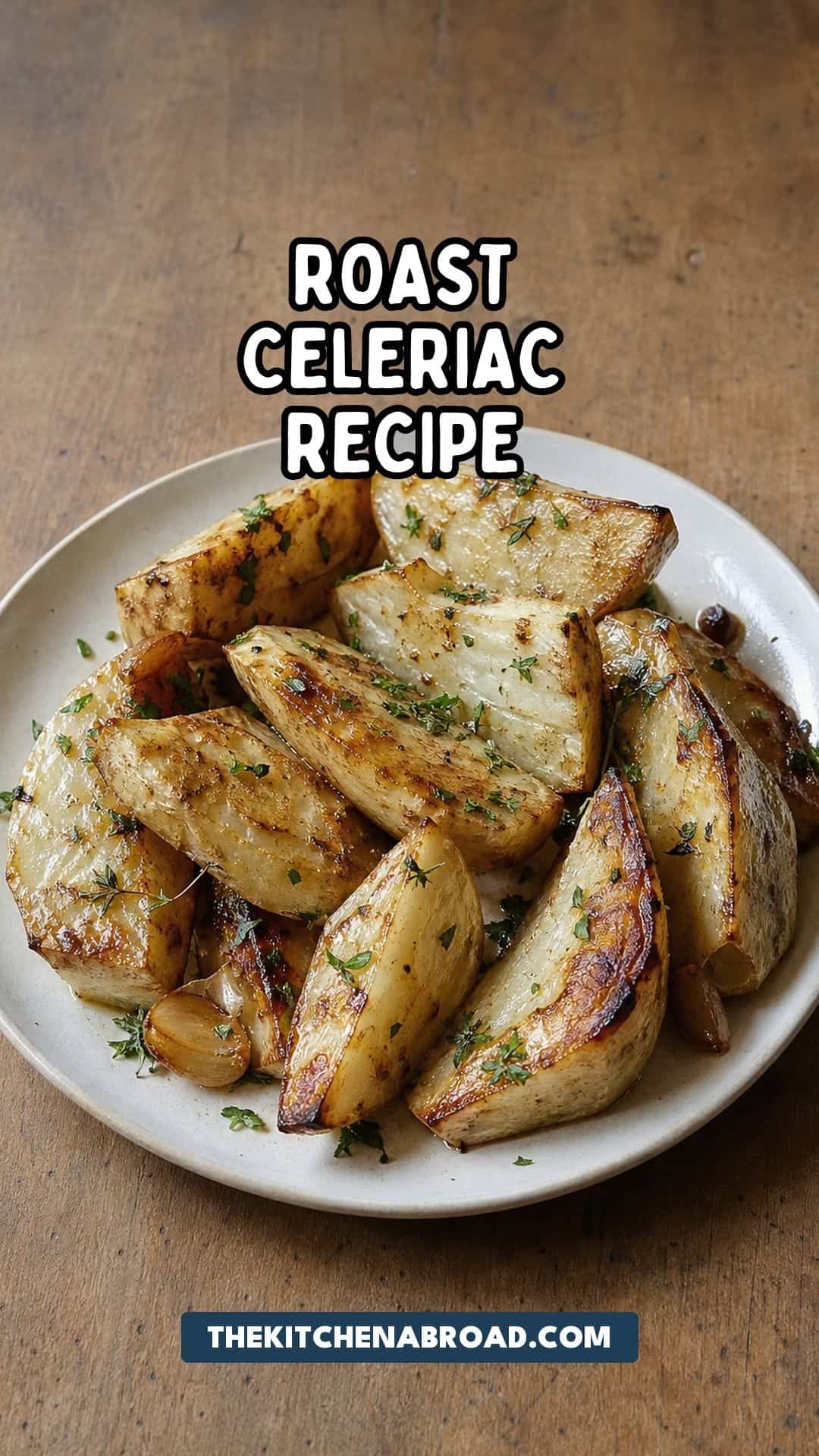 Roast Celeriac With Caramelized Edges and a Creamy Center Roast celeriac recipe pin with caramelized celeriac wedges on a rustic plate.