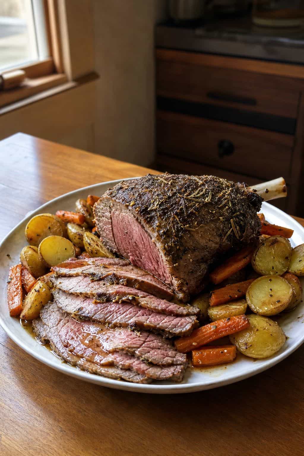 Roast leg of lamb sliced with roasted potatoes and carrots