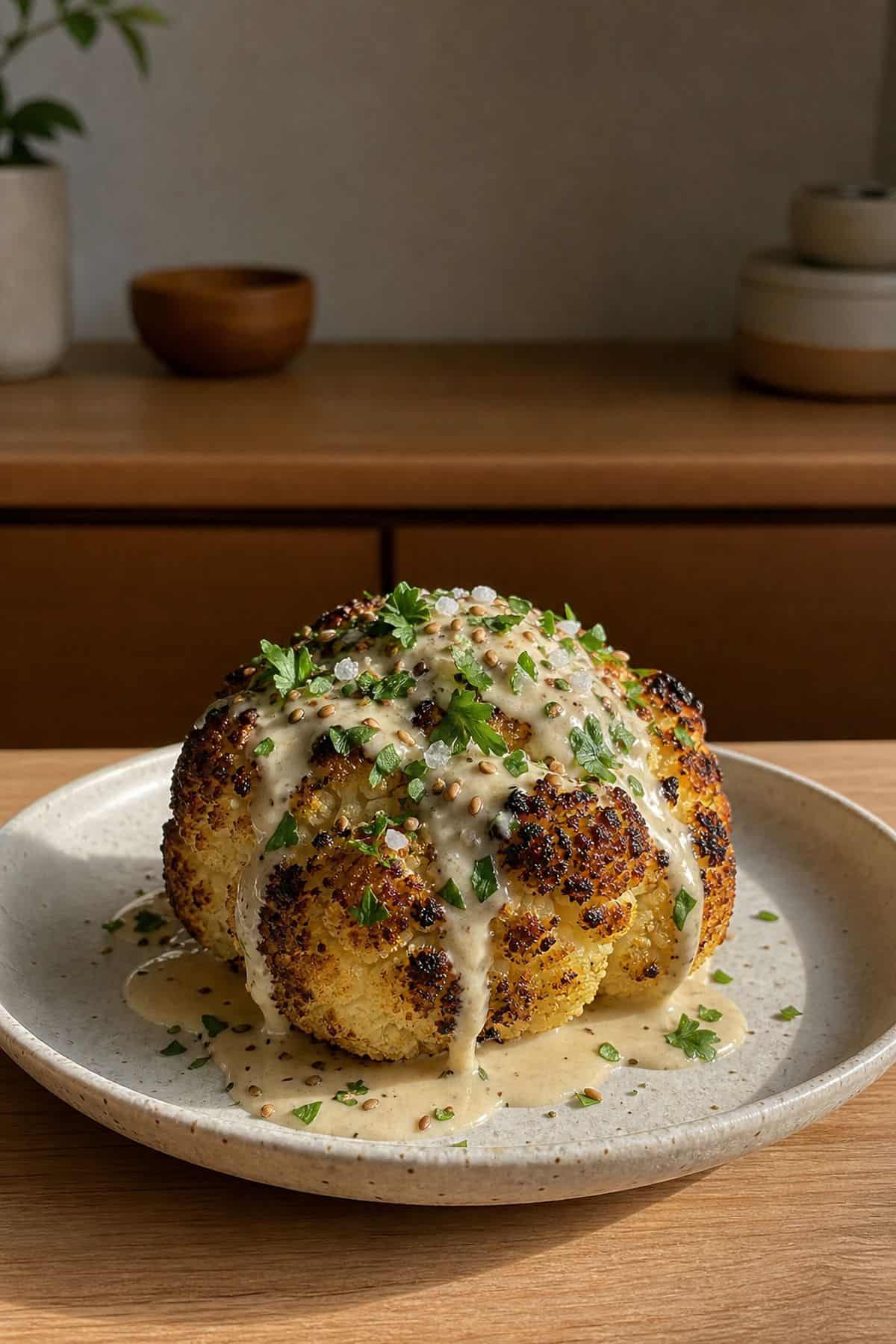 Roasted Baby Cauliflower That Looks Fancy but Takes Almost No Effort Whole roasted baby cauliflower with tahini sauce and parsley on a ceramic plate.