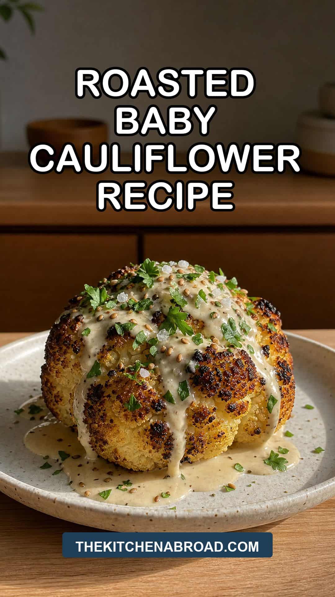 Roasted Baby Cauliflower That Looks Fancy but Takes Almost No Effort Roasted baby cauliflower recipe pin with tahini sauce and parsley.
