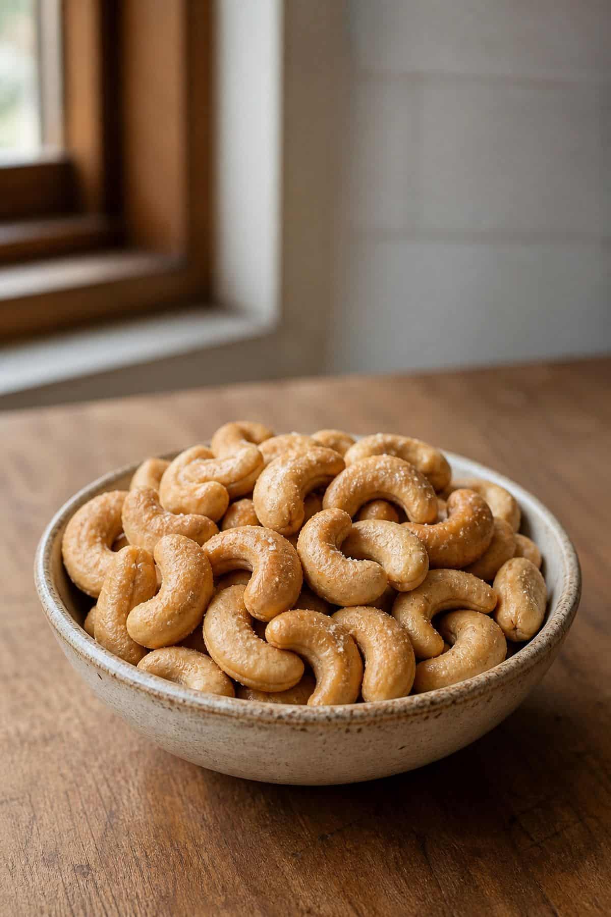 Roasted Cashew Nuts Recipe That's Crunchier Than Anything From a Bag Golden roasted cashew nuts in a small rustic bowl on a warm kitchen surface.