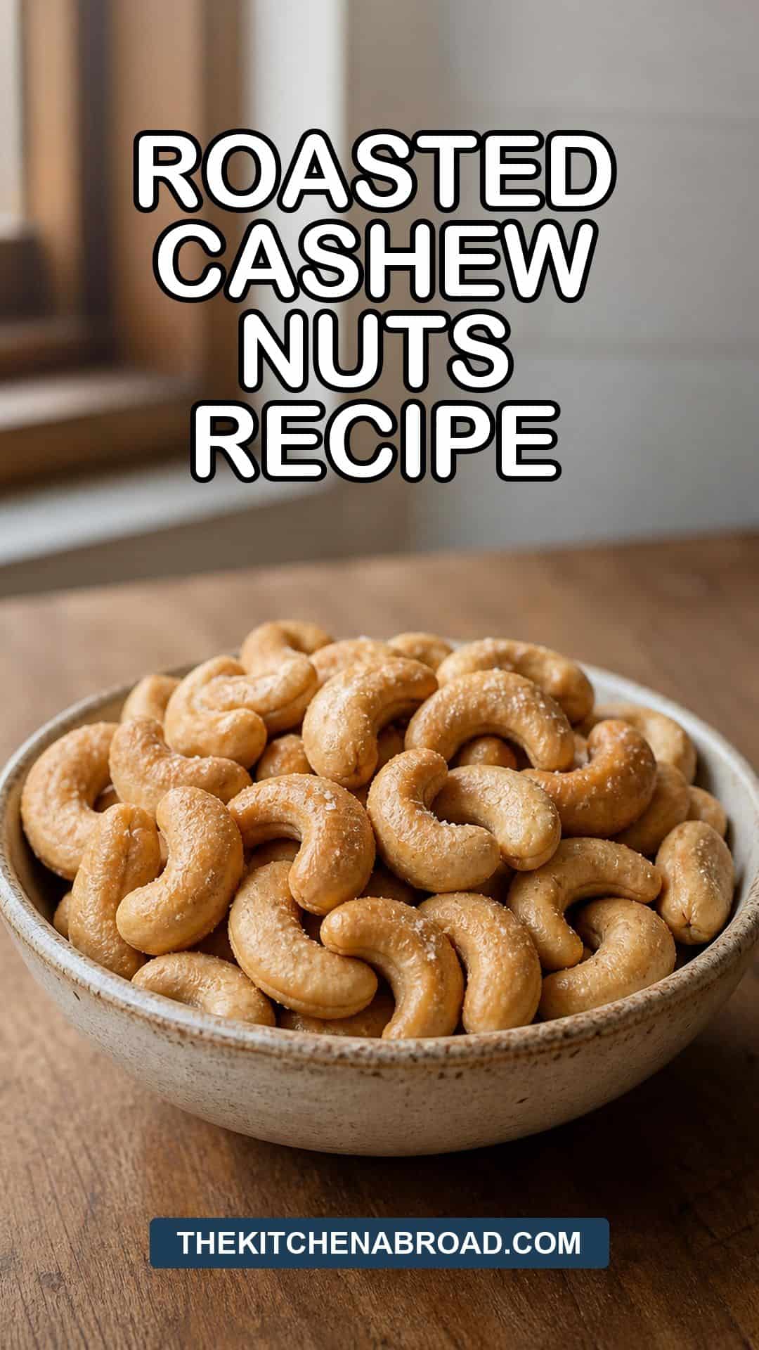 Roasted Cashew Nuts Recipe That's Crunchier Than Anything From a Bag Roasted cashew nuts recipe pin with golden cashews in a small rustic bowl.