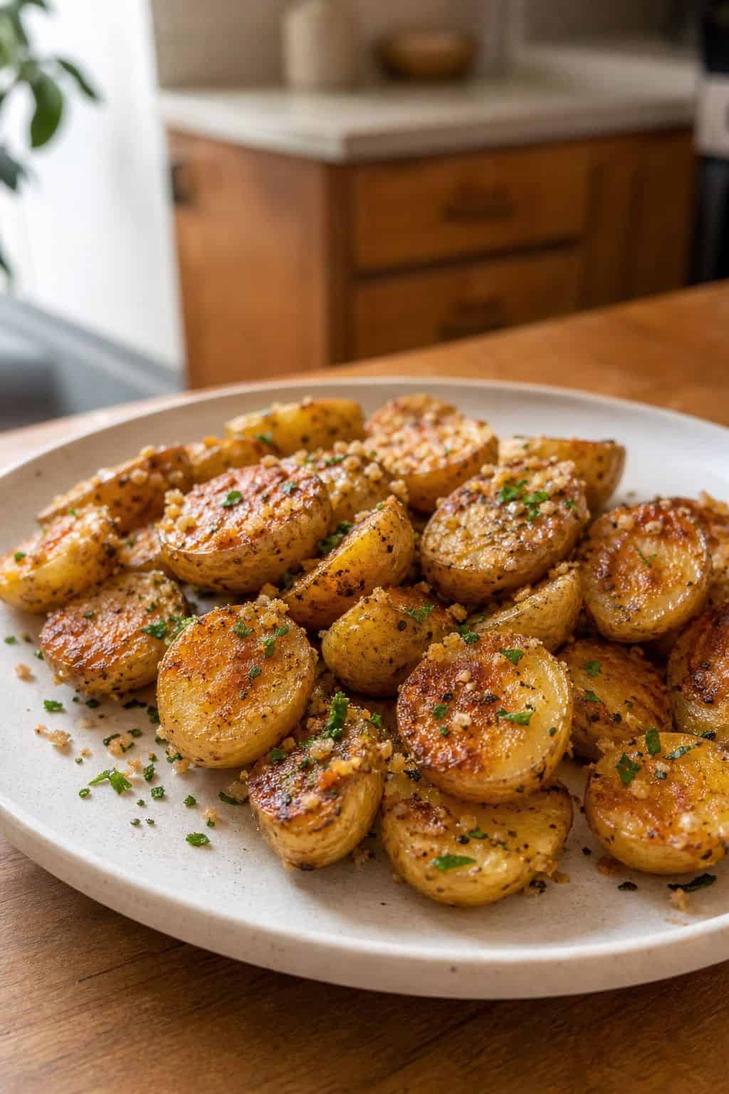Roasted garlic parmesan baby potatoes on a ceramic platter with parsley.