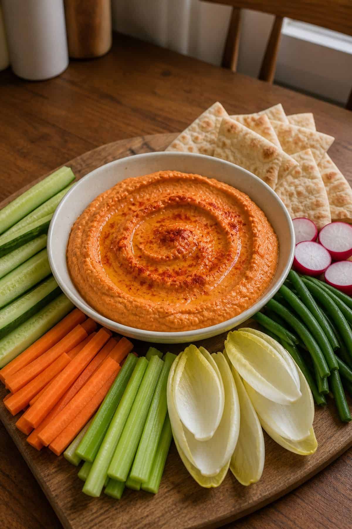 Roasted Red Pepper Hummus with Veggies Roasted red pepper hummus in a bowl served with fresh vegetables.