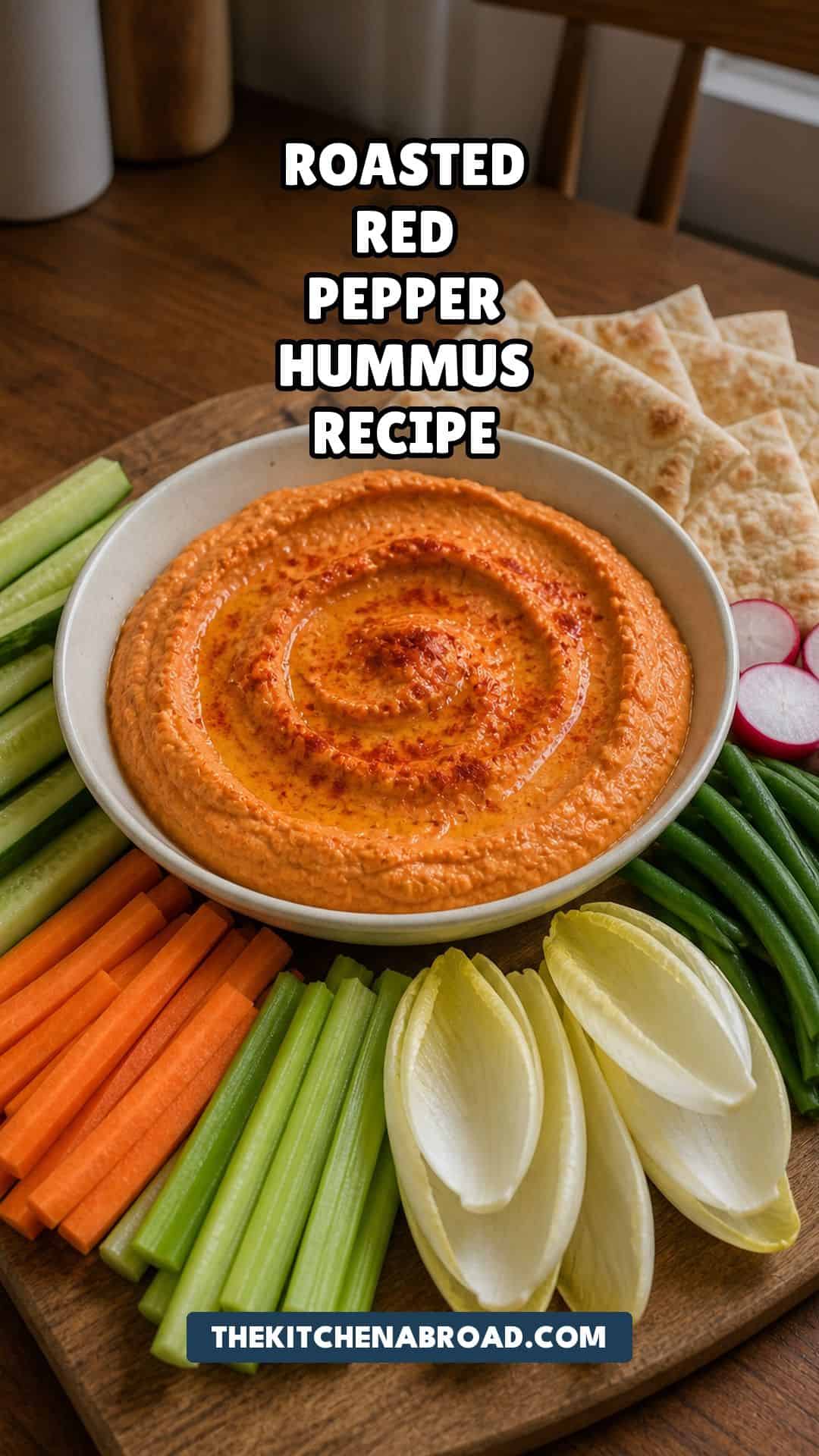 Roasted Red Pepper Hummus with Veggies Roasted red pepper hummus with veggies recipe pin with a bowl of red pepper hummus and fresh vegetables.