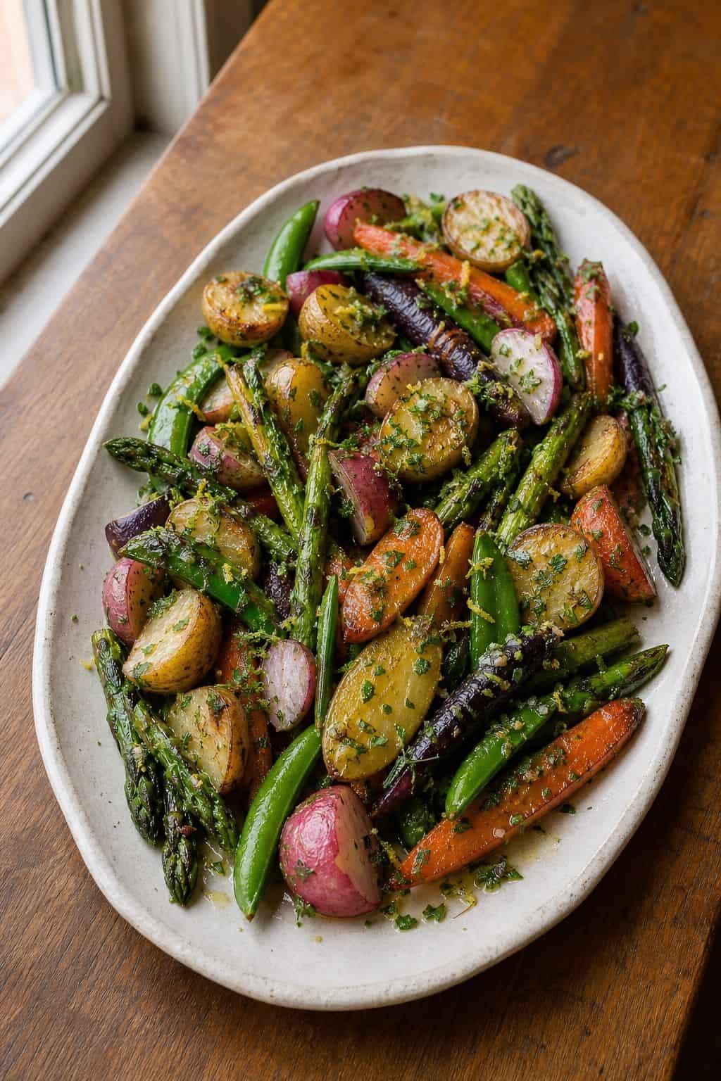 Roasted spring vegetables with lemon herb drizzle on a rustic serving platter