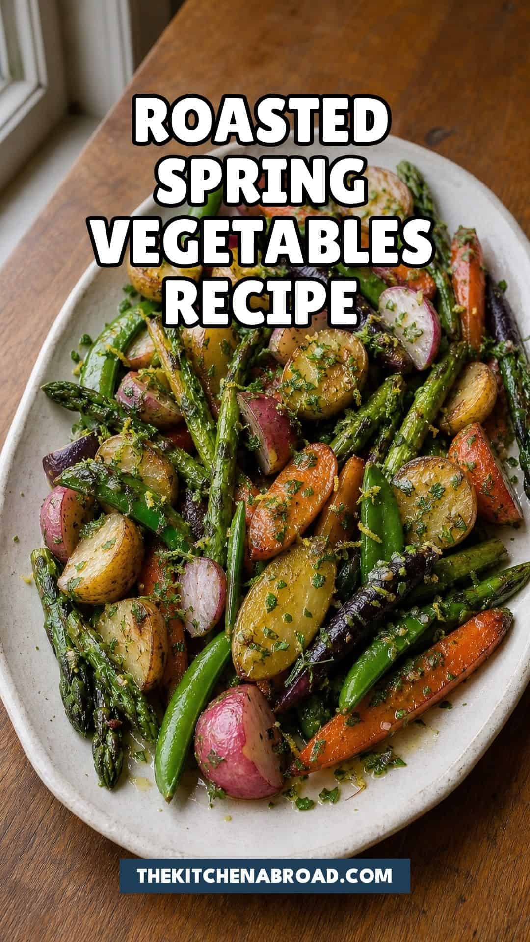 Pinterest pin for roasted spring vegetables with lemon herb drizzle
