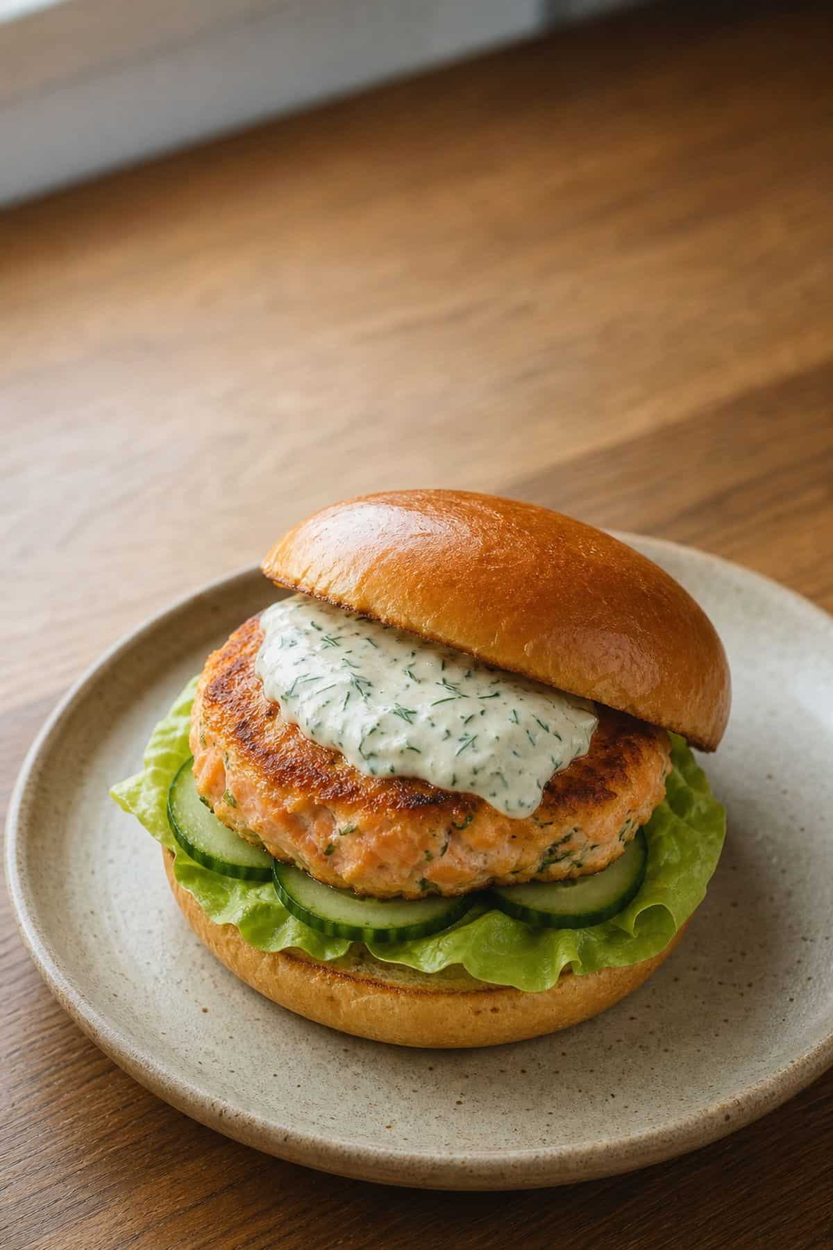 Fresh salmon burger with lemon dill sauce, cucumber, and butter lettuce