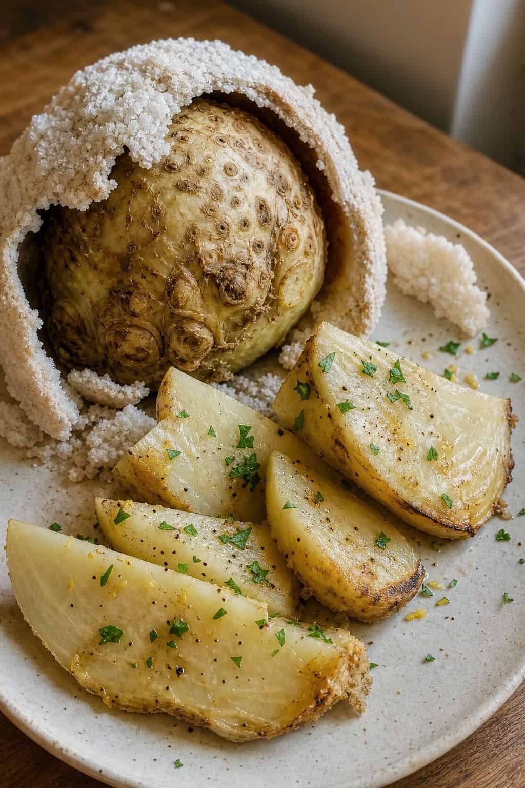 Salt Baked Celeriac That Melts Like Butter Salt baked celeriac cracked from a coarse salt crust and served in tender wedges.