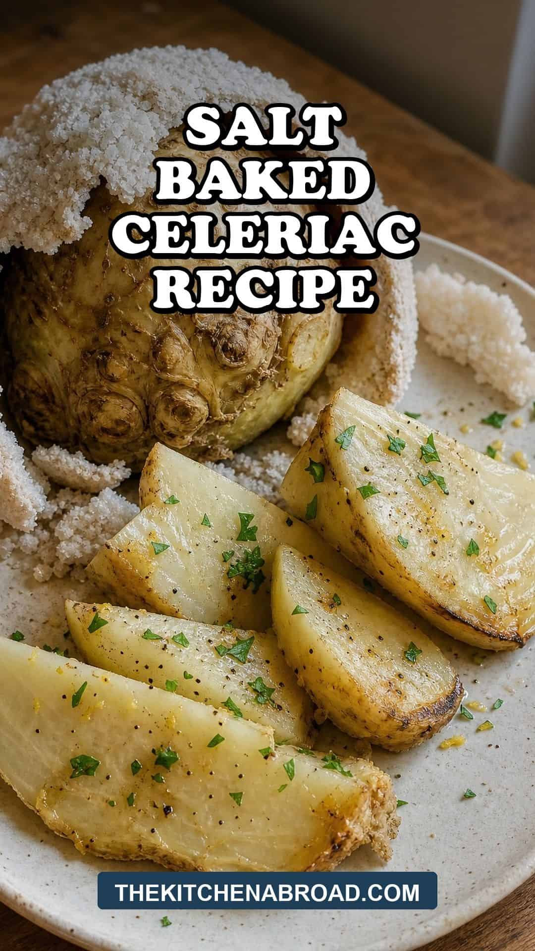 Salt Baked Celeriac That Melts Like Butter Salt baked celeriac recipe pin with cracked salt crust and tender celeriac wedges.