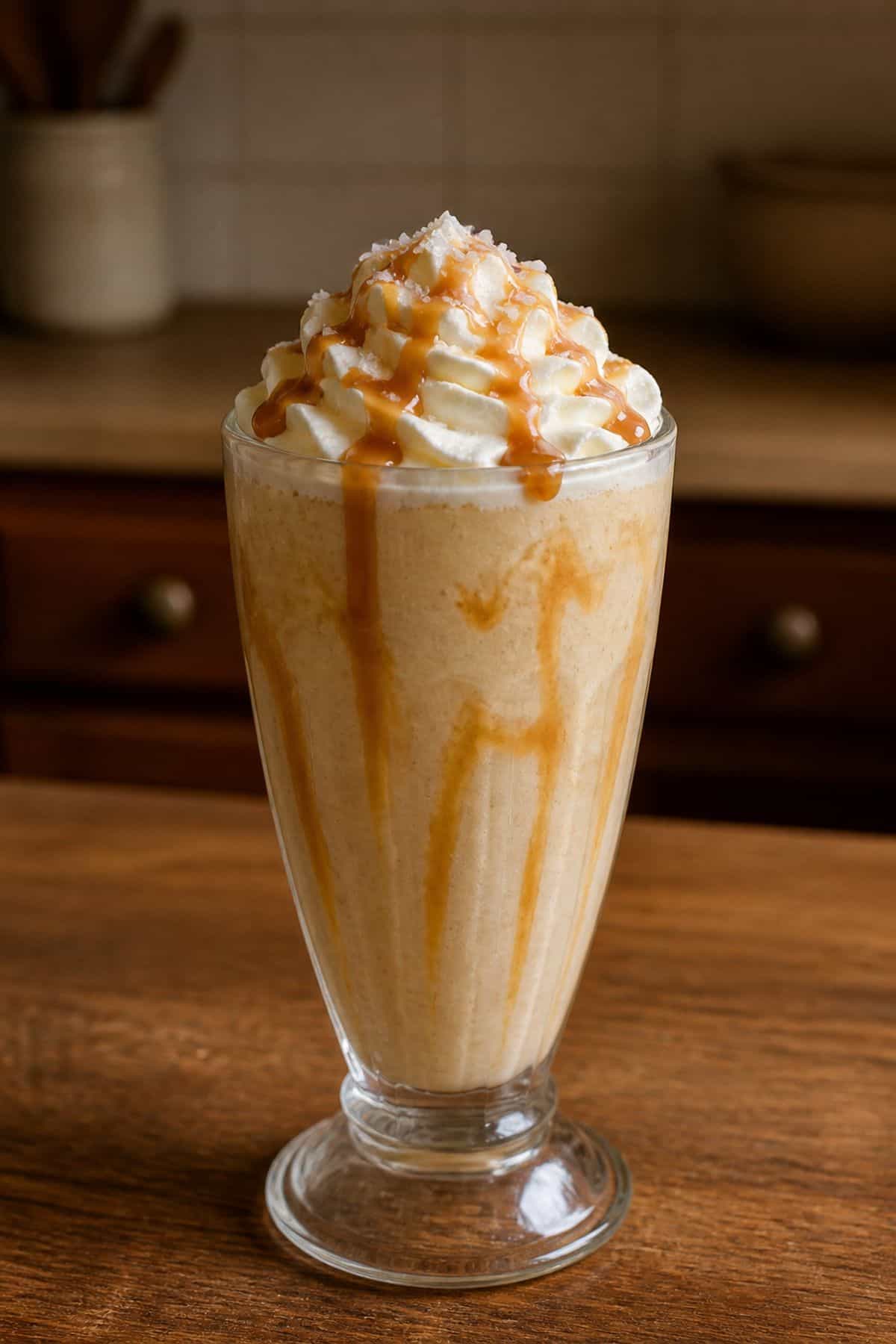 Salted Caramel Bourbon Milkshake Recipe Salted caramel bourbon milkshake served in a clear glass on a warm kitchen counter