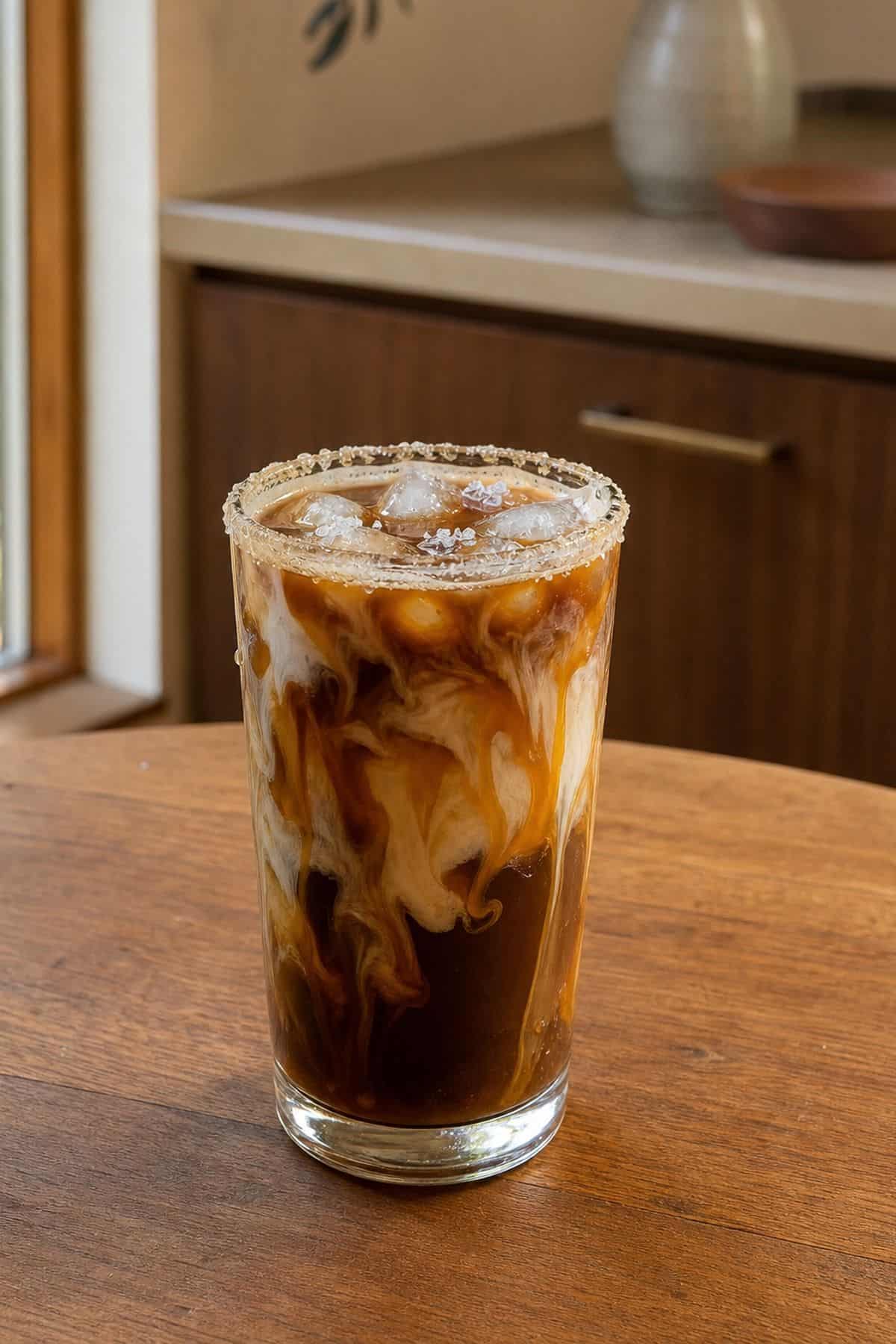 Salted caramel iced coffee in a tall glass with ice, caramel ribbons, cream swirls, and a sugar salt rim