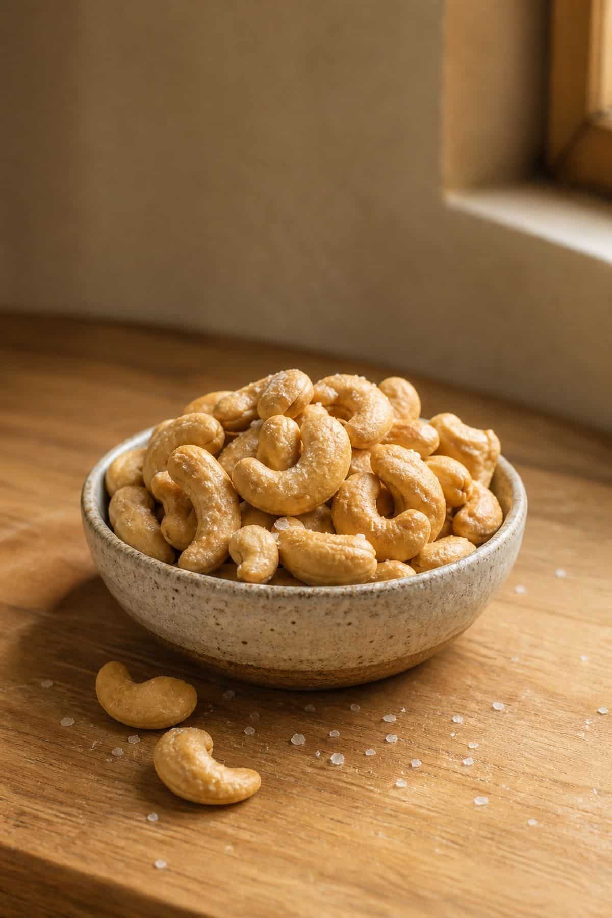 Salted Cashew Nuts Recipe That Tastes Better Than Store-Bought Homemade salted roasted cashews in a ceramic bowl with flaky sea salt on a wooden counter.