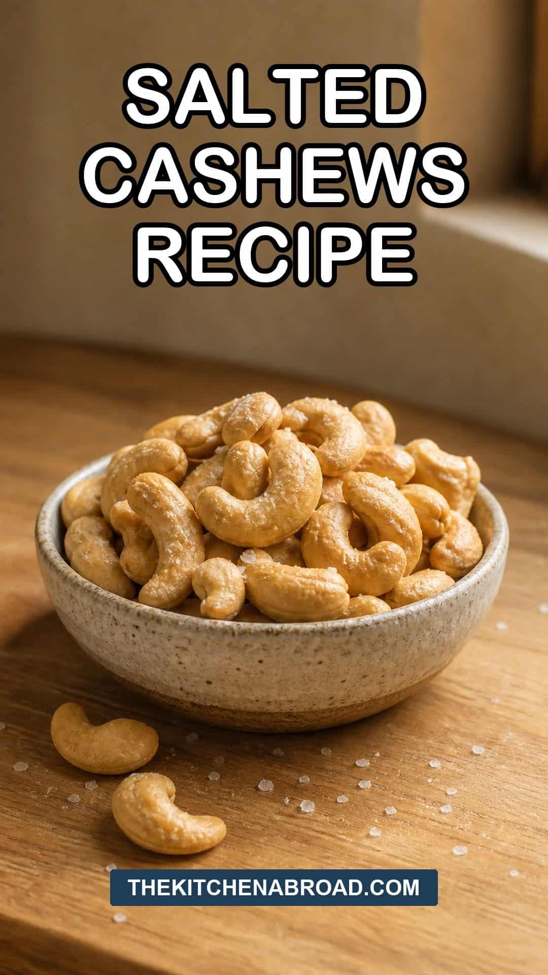 Salted Cashew Nuts Recipe That Tastes Better Than Store-Bought Salted cashew nuts recipe pin with a bowl of homemade roasted cashews and flaky sea salt.