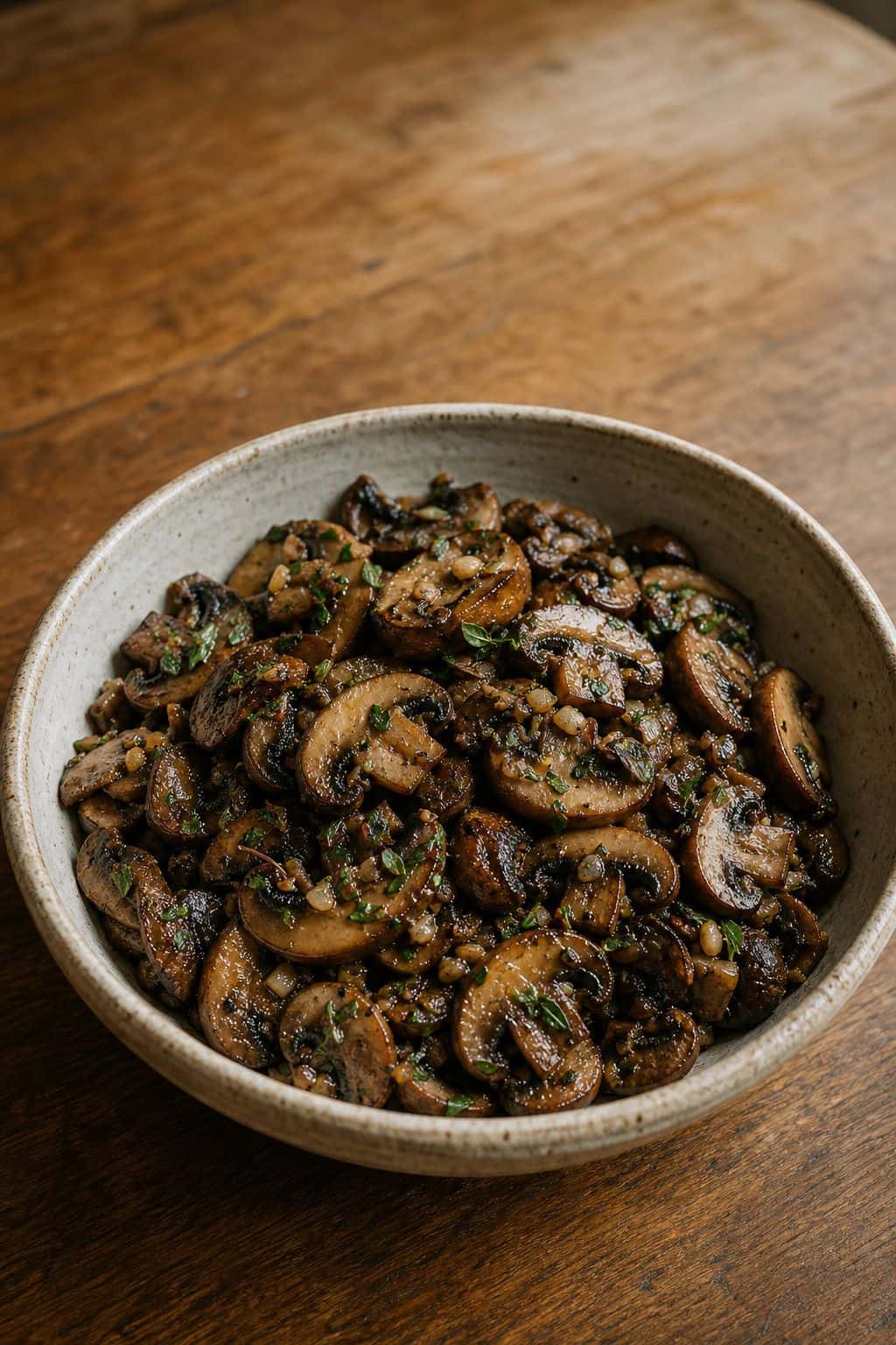 Sautéed Garlic Mushrooms Recipe Sautéed garlic mushrooms with browned cremini mushrooms, garlic, shallot, and herbs in a rustic bowl
