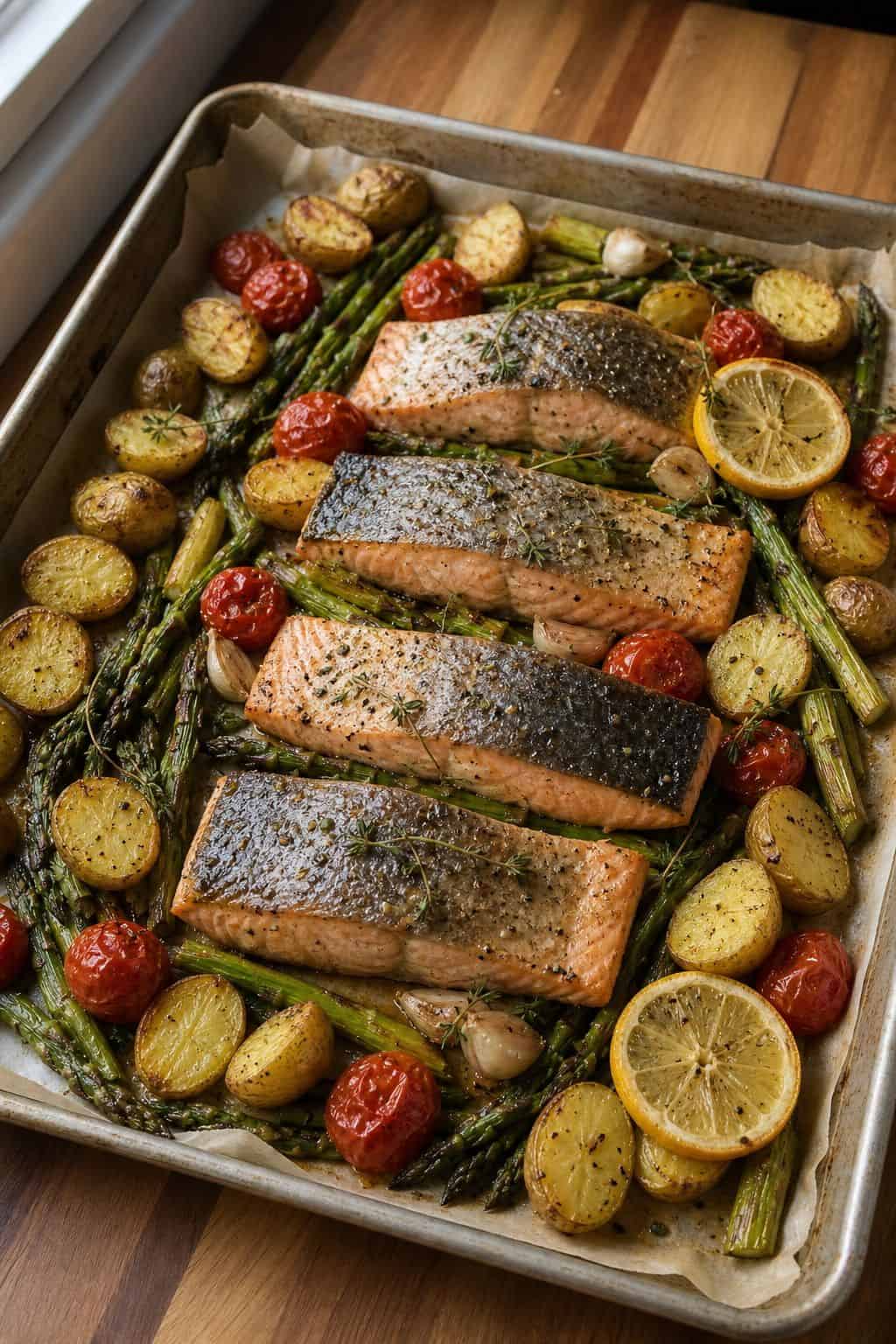 Sheet pan salmon with roasted potatoes asparagus cherry tomatoes lemon and thyme