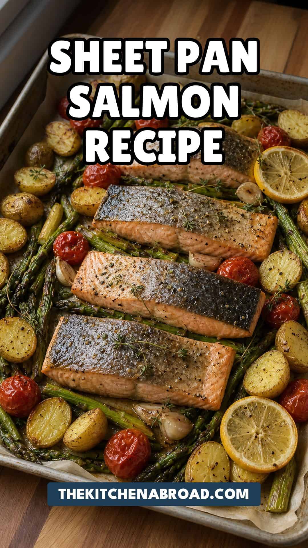Pinterest pin for sheet pan salmon with roasted vegetables recipe