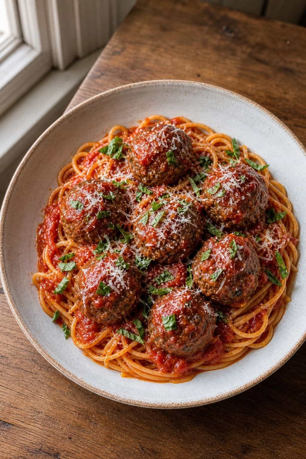 Spaghetti and Meatballs (Tender Meatballs, Real Sauce) Spaghetti and Meatballs (Tender Meatballs, Real Sauce) served in a rustic bowl
