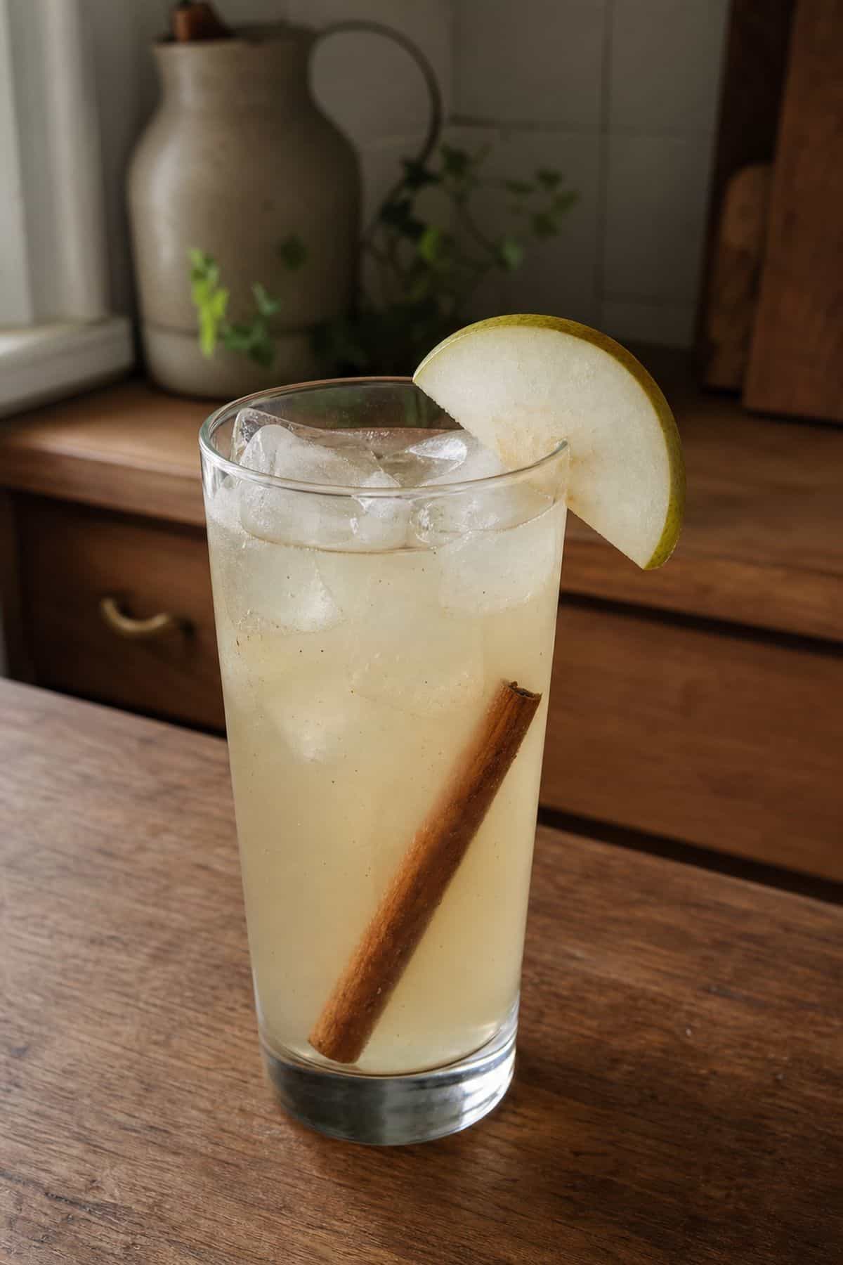 Spiced Pear Lemonade Recipe Spiced pear lemonade in a glass with warm cinnamon spice and fresh lemon.