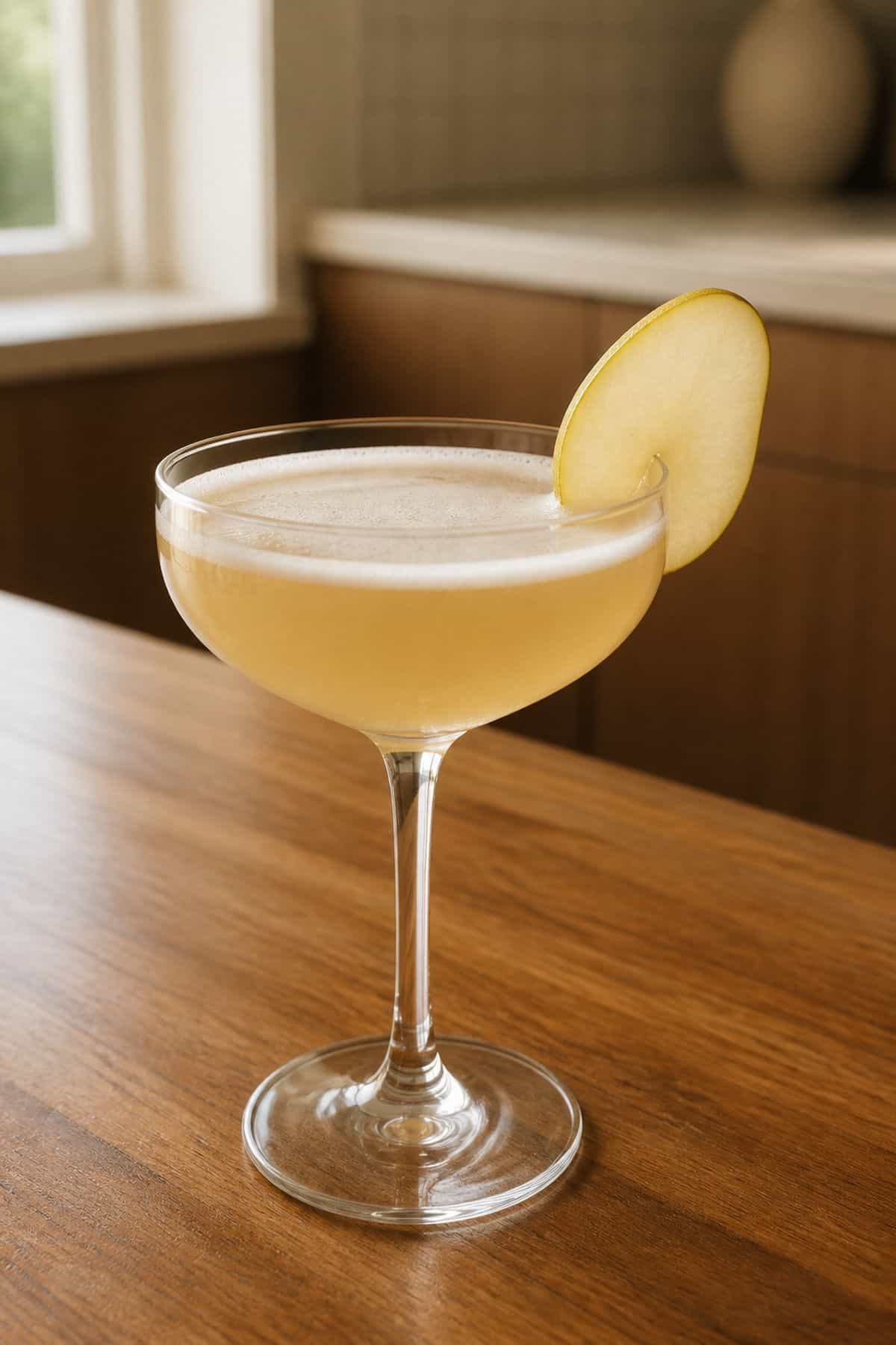 Spiced Pear Martini Recipe Spiced pear martini in a chilled coupe glass with a thin pear slice on the rim.