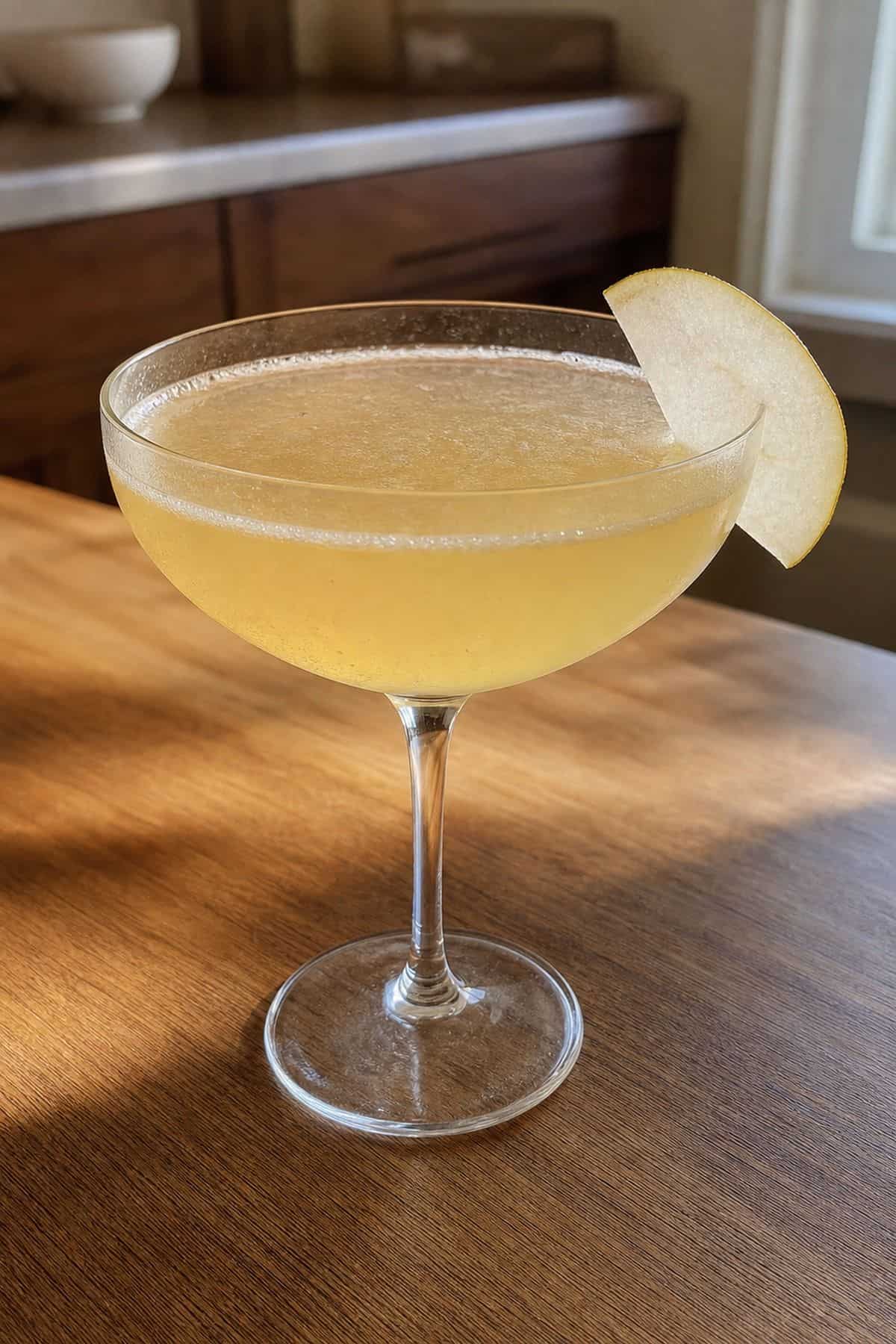 Spiced Pear Martini Recipe Close view of a pale golden spiced pear martini with a pear slice garnish.