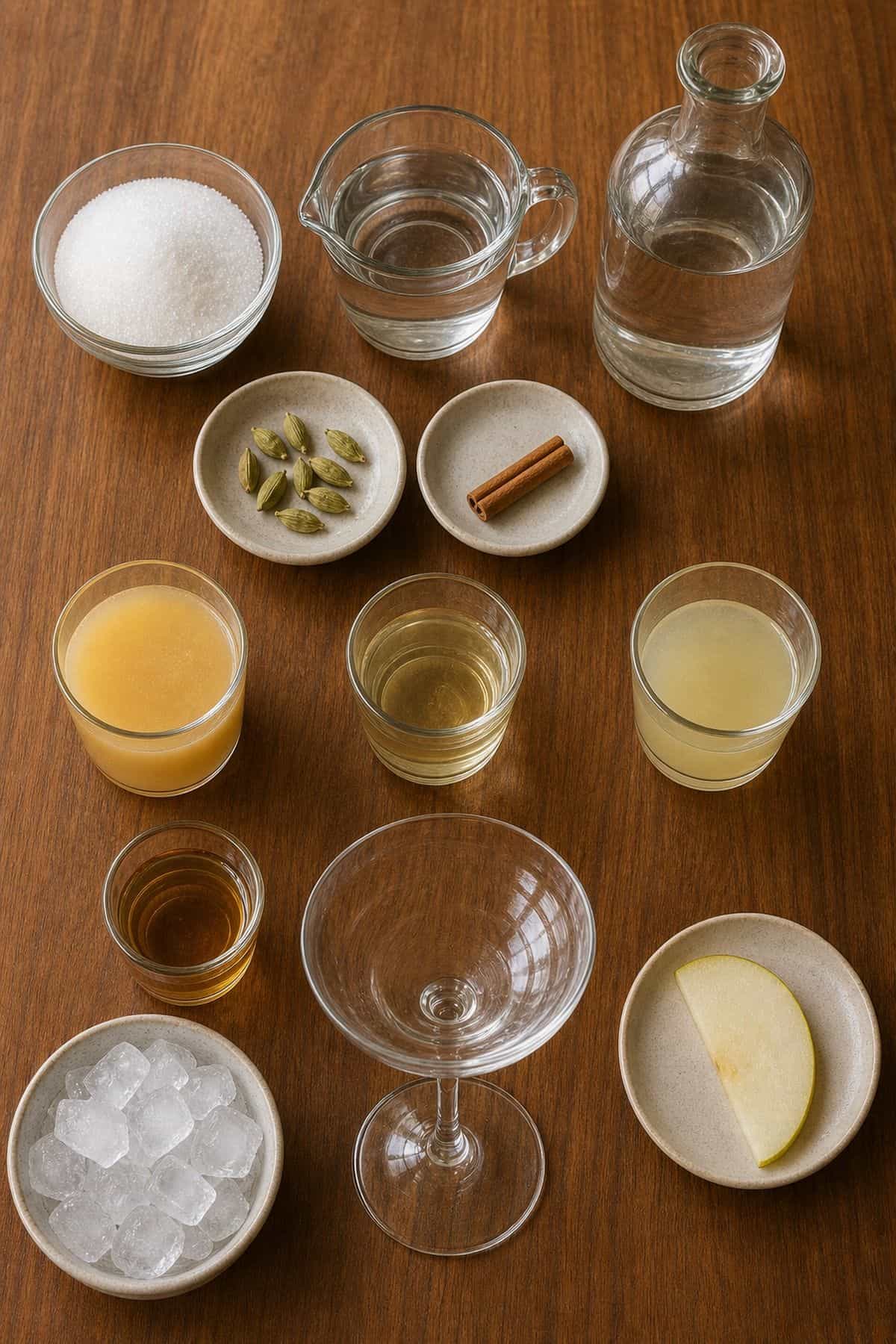 Spiced Pear Martini Recipe Measured ingredients for a spiced pear martini and cardamom cinnamon syrup arranged in small bowls and glasses.