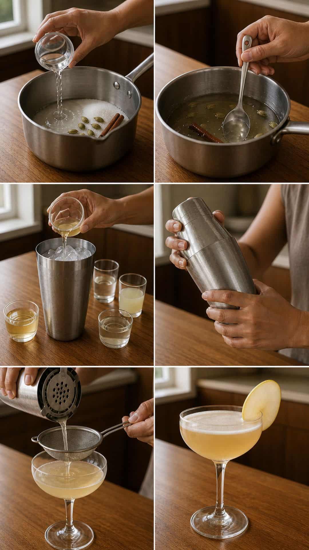 Spiced Pear Martini Recipe Six step photos showing syrup making, shaking, straining, and serving a spiced pear martini.