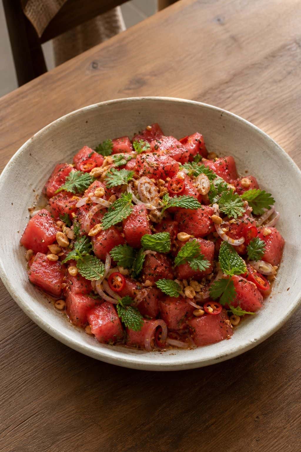 Spicy watermelon salad with Thai prik glua served on a simple ceramic plate.