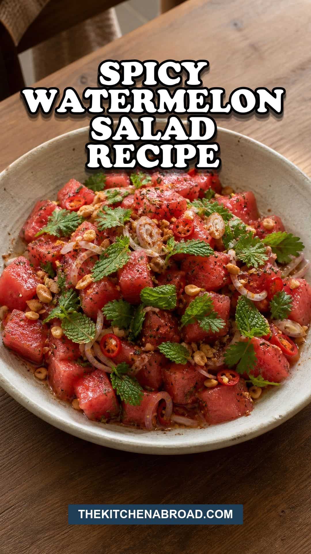 Pinterest pin for spicy watermelon salad with Thai prik glua on a rustic plate.