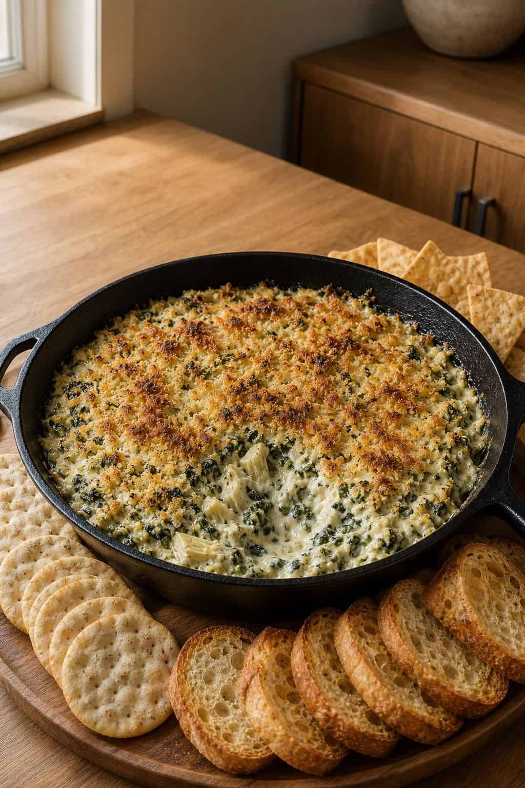 Spinach and Artichoke Dip with Crackers Recipe Baked spinach and artichoke dip in a cast iron skillet with crackers and toasted baguette