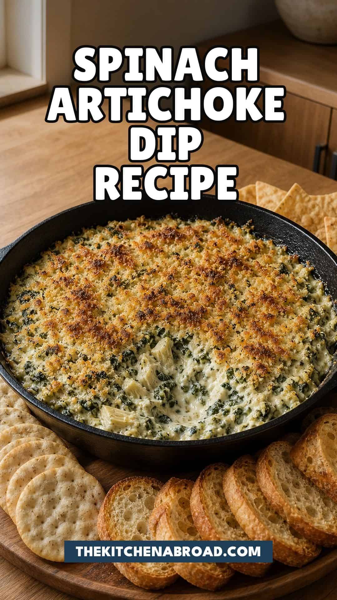 Spinach and Artichoke Dip with Crackers Recipe Pinterest pin for spinach and artichoke dip with crackers recipe