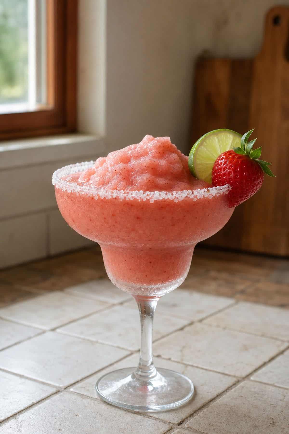 Frozen strawberry lime mocktail margarita in a salt-rimmed glass with lime and strawberry garnish.