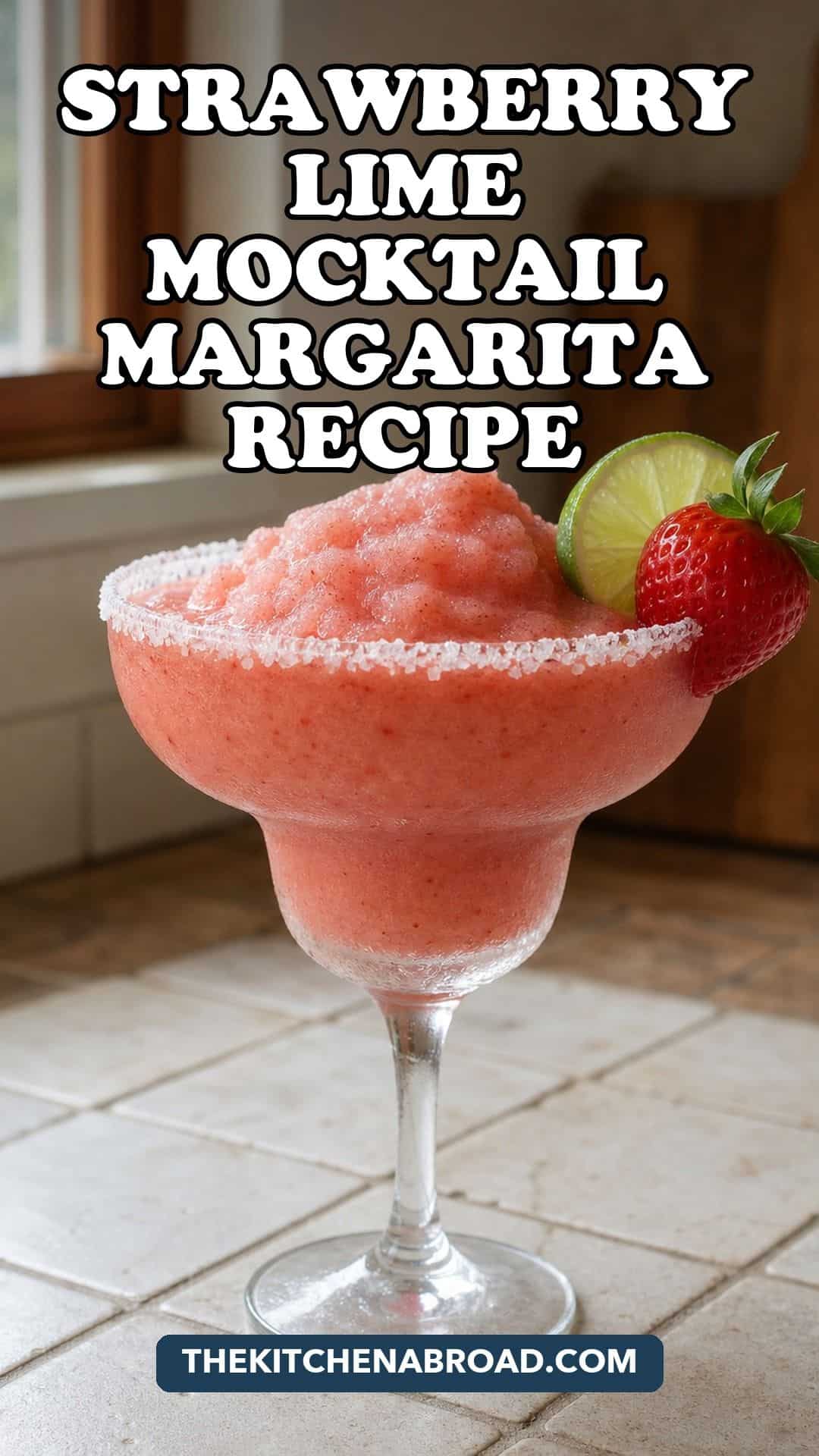 Pinterest pin for strawberry lime mocktail margarita recipe with a frozen pink drink in a salt-rimmed glass.