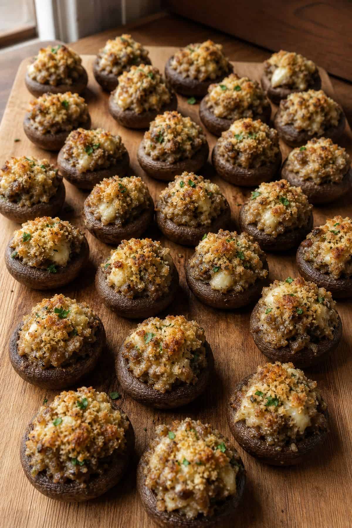 Stuffed mushrooms with sausage and cheese served warm on a wood board.