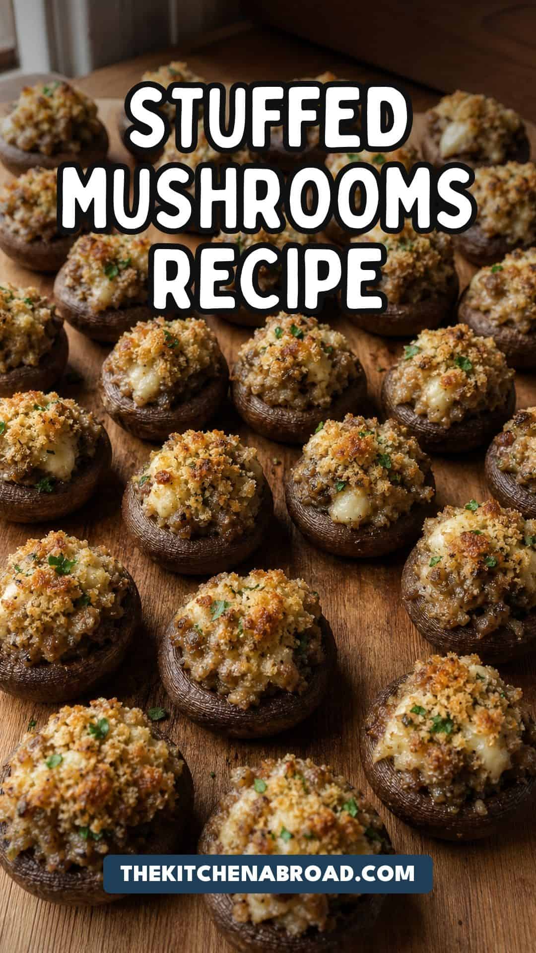 Stuffed mushrooms with sausage and cheese recipe pin with golden panko-topped cremini mushrooms.
