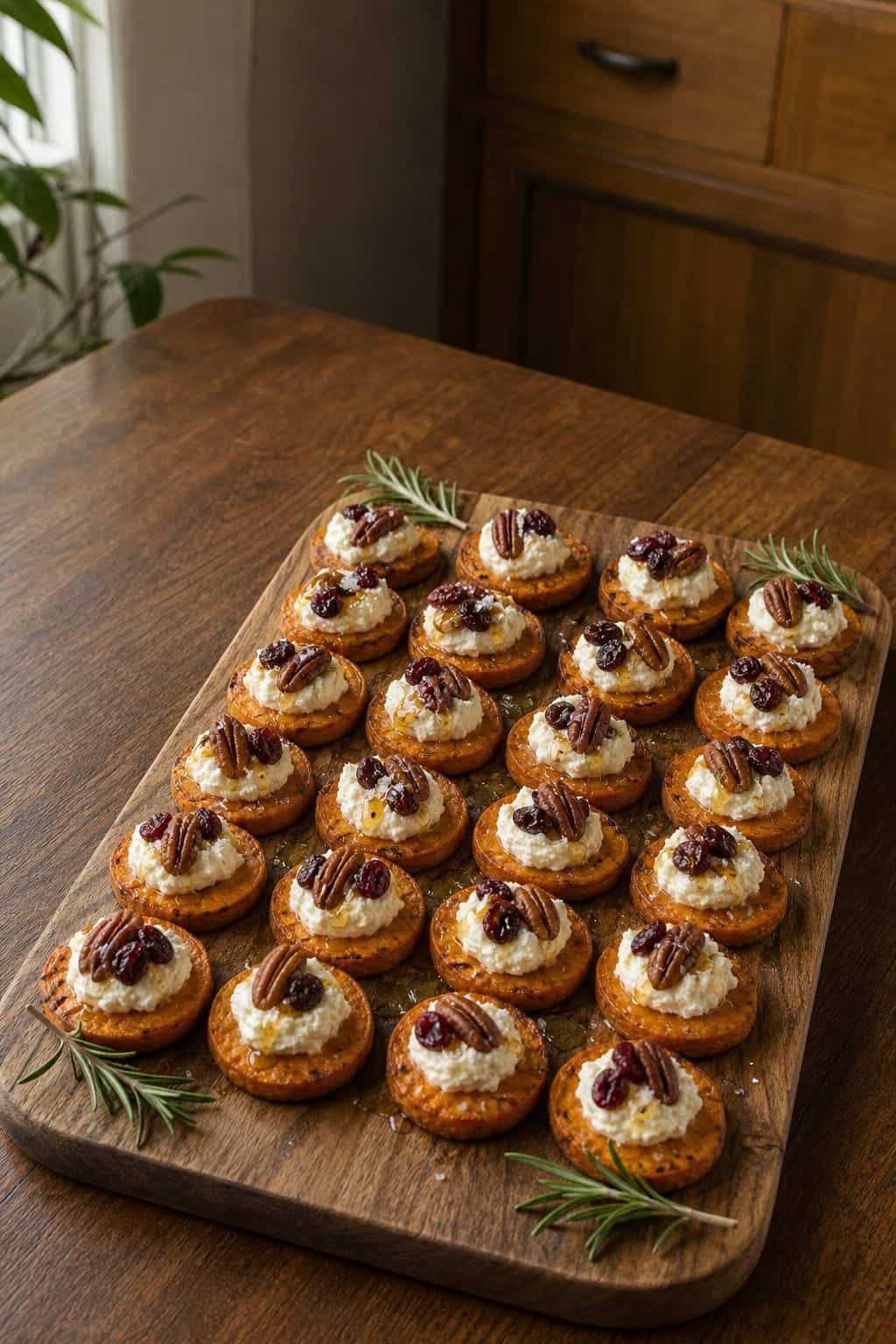Sweet Potato Rounds with Goat Cheese and Cranberries Sweet potato rounds topped with goat cheese, dried cranberries, pecans, honey, and rosemary.