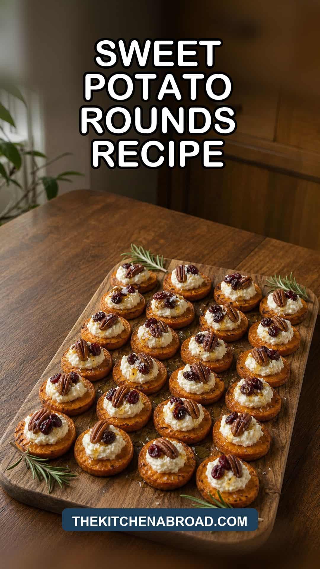 Sweet Potato Rounds with Goat Cheese and Cranberries Sweet potato rounds with goat cheese and cranberries recipe pin on a wood serving board.