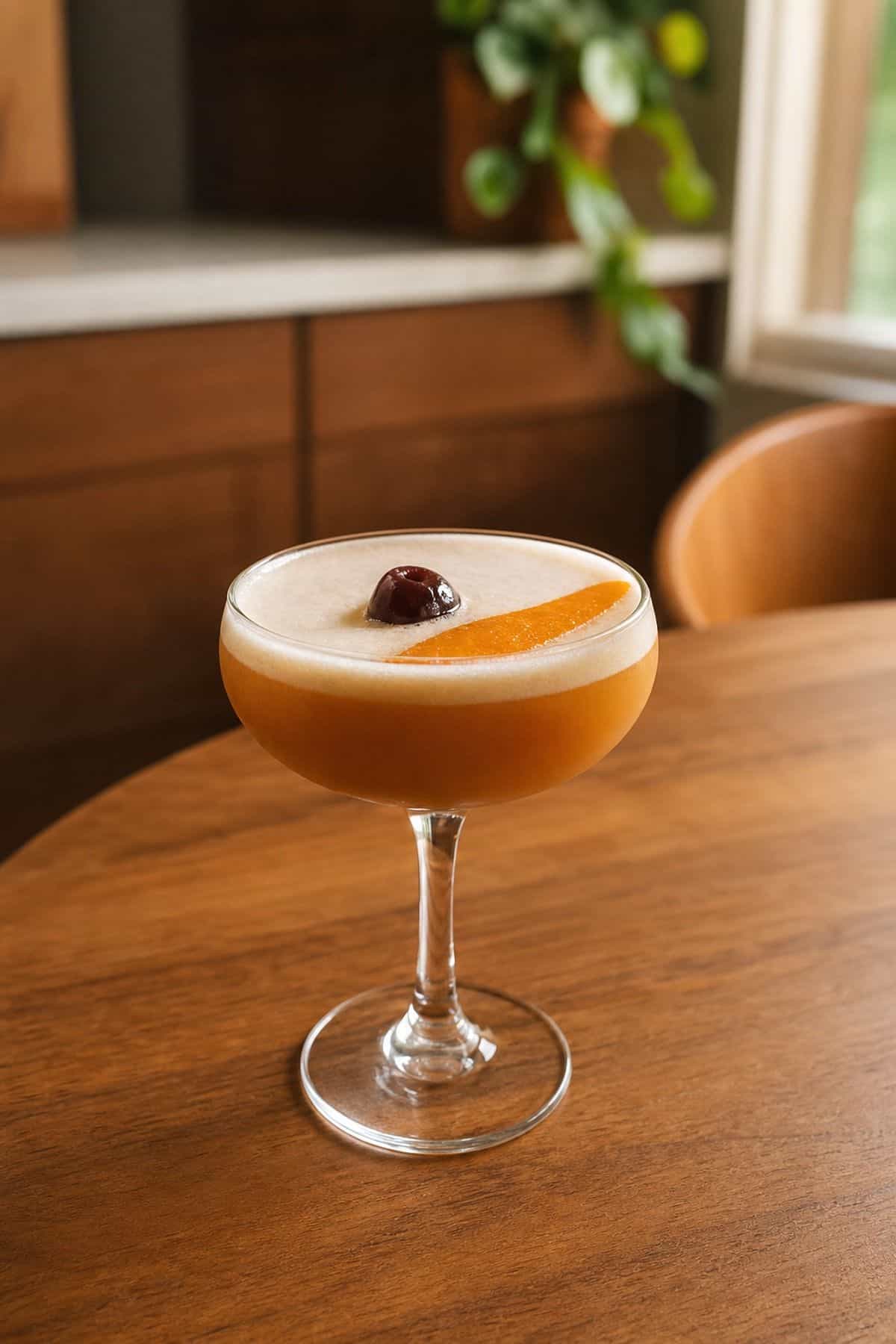 Sweet Potato Whiskey Sour Recipe Sweet potato whiskey sour in a coupe glass with orange peel and a brandied cherry