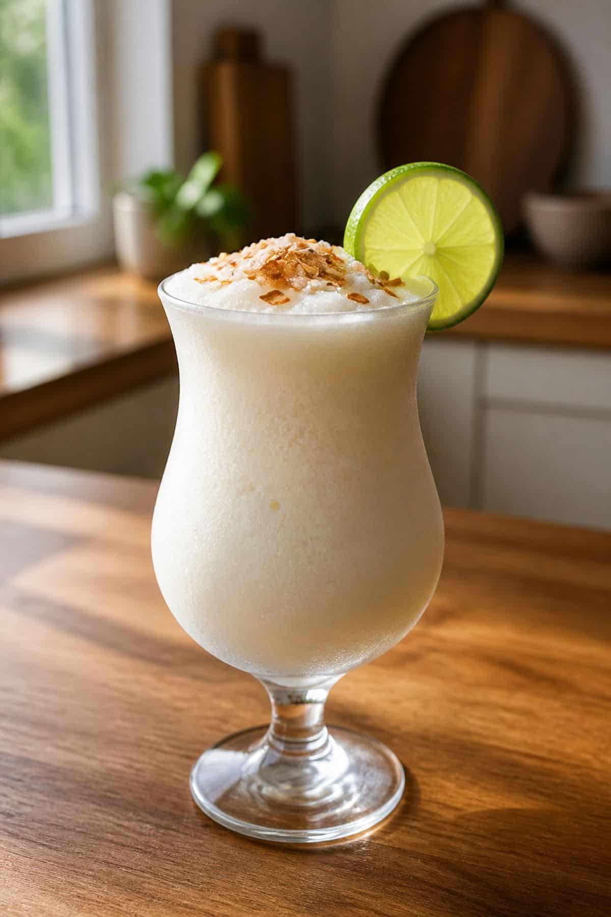Creamy coconut lime drink in a hurricane glass with a lime wheel and toasted coconut.