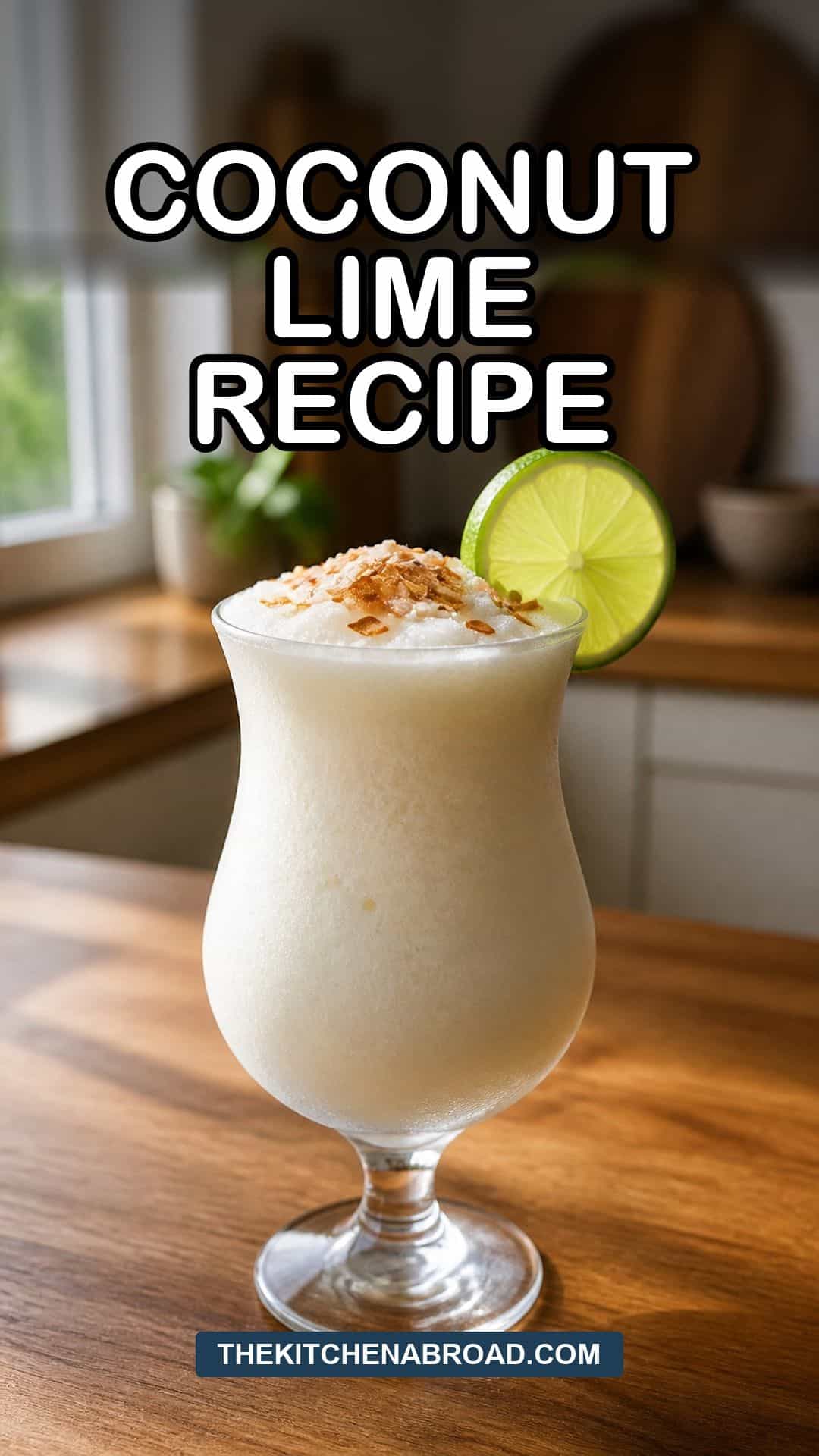 Coconut lime drink recipe in a hurricane glass with lime and toasted coconut.