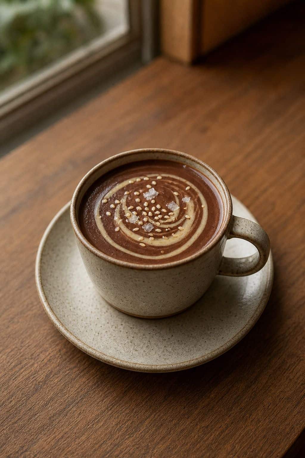 Tahini hot chocolate in a small ceramic cup with tahini drizzle, sesame seeds, and flaky salt