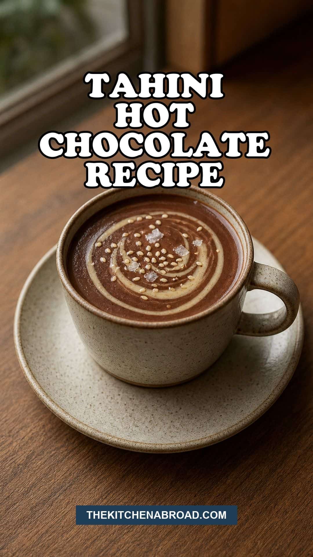 Tahini hot chocolate recipe pin with a creamy chocolate drink topped with tahini drizzle and sesame seeds