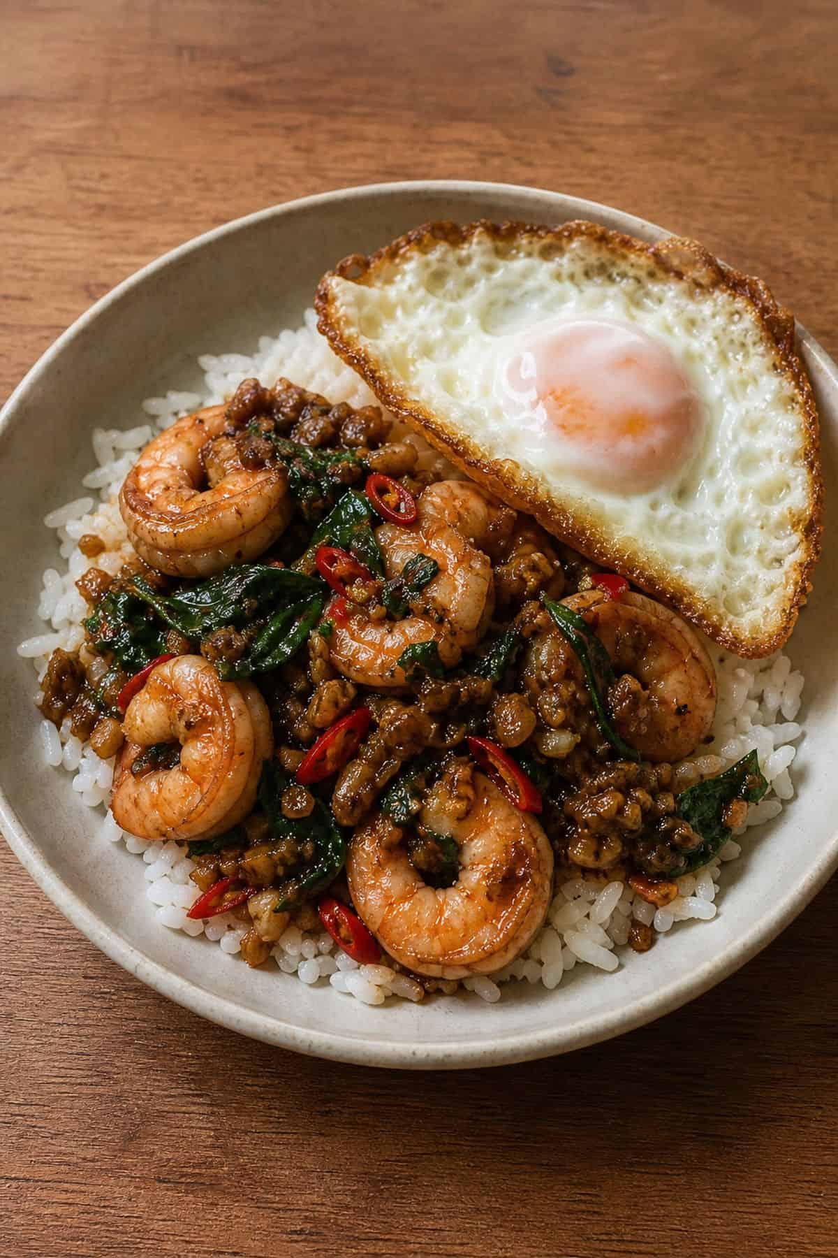 Pad Krapow Kung (Thai Basil Shrimp Stir Fry) Pad Krapow Kung Thai basil shrimp stir fry over jasmine rice with a crispy fried egg