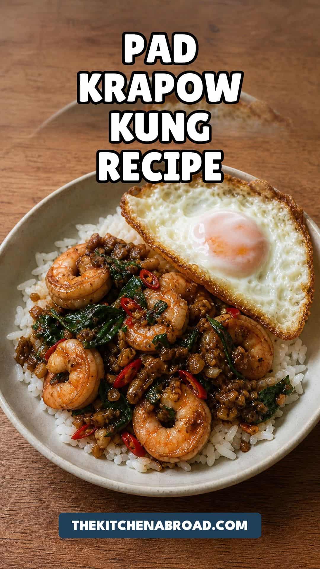 Pad Krapow Kung (Thai Basil Shrimp Stir Fry) Pad Krapow Kung recipe pin with Thai basil shrimp stir fry over jasmine rice and a fried egg