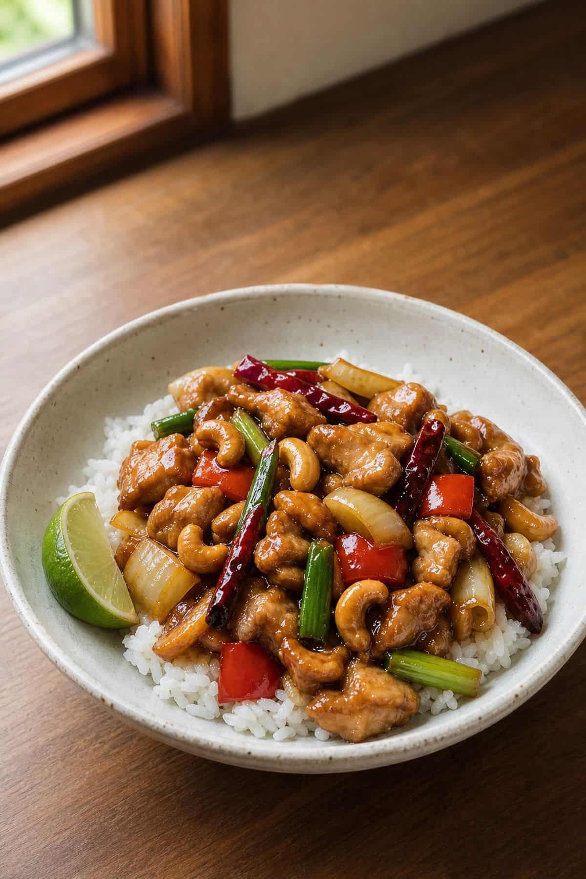 Thai Chicken Cashew Nuts Recipe That Rivals Your Favorite Takeout Thai chicken with cashew nuts served over jasmine rice with dried chilies and lime