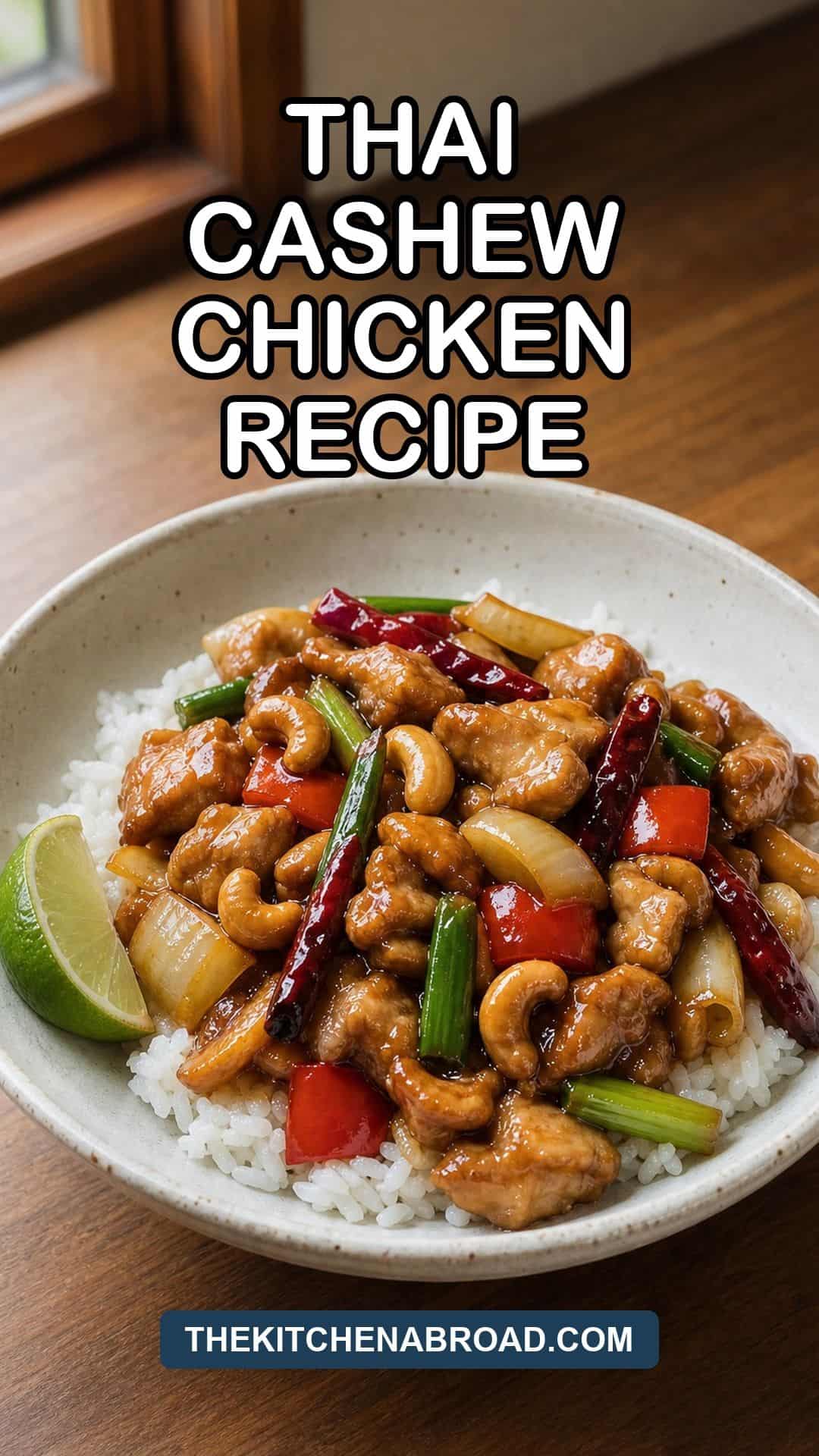 Thai Chicken Cashew Nuts Recipe That Rivals Your Favorite Takeout Pinterest pin for Thai cashew chicken recipe served over jasmine rice
