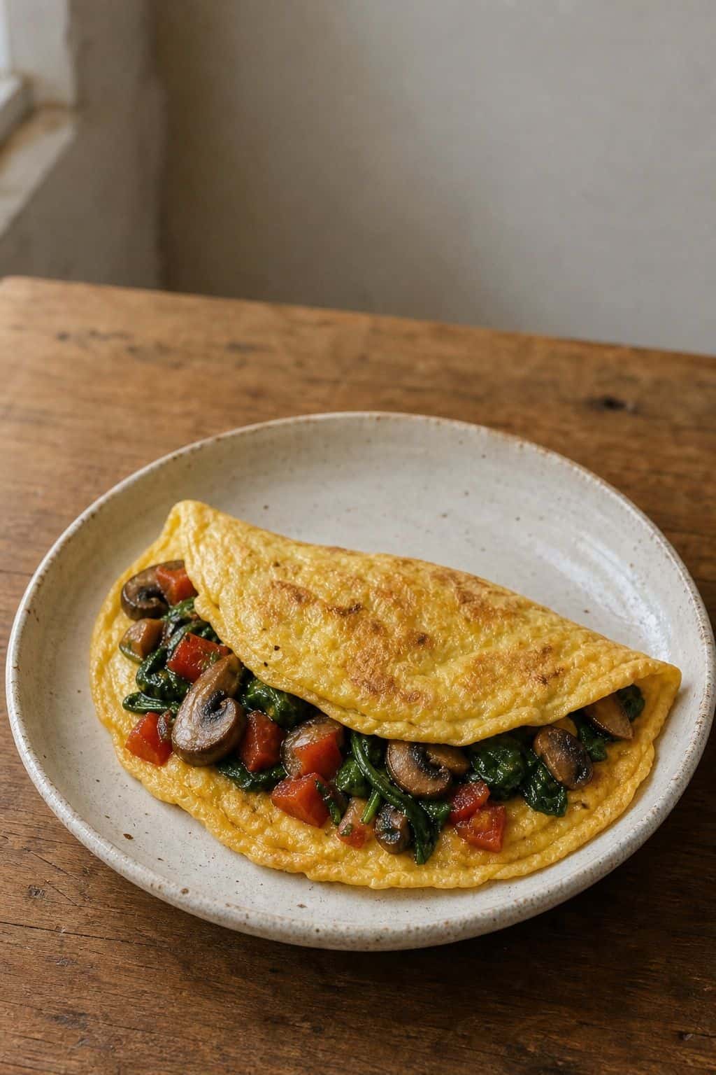 Tomato Mushroom Spinach Omelette Recipe Tomato, mushroom, and spinach omelette on a ceramic plate.