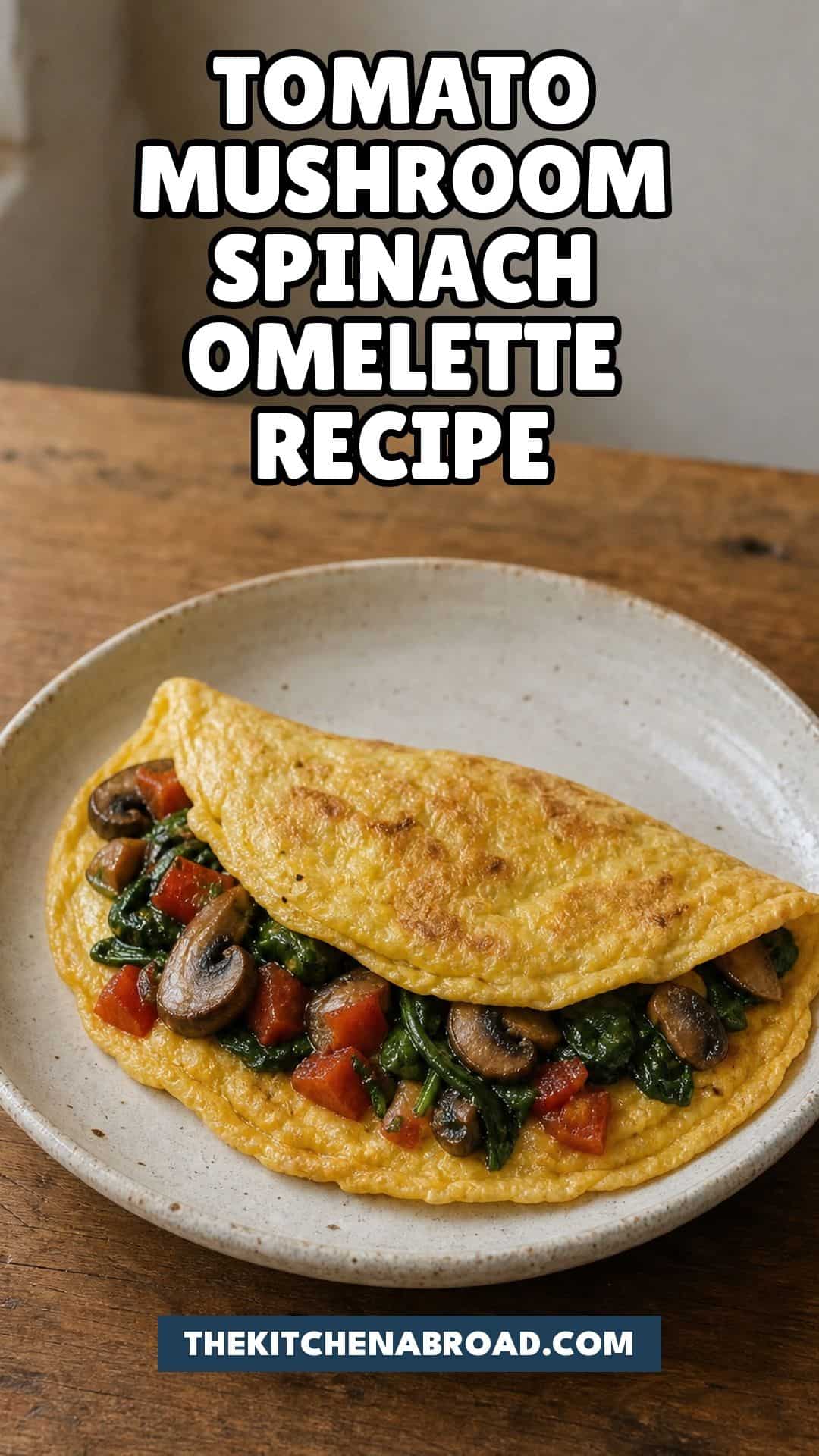 Tomato Mushroom Spinach Omelette Recipe Pinterest pin for a tomato, mushroom, and spinach omelette recipe.